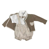 Completo Salopette Camicia Cardigan E Papillon In Lino Beige Neonato LA SARTORIA DEI PICCOLI LPB1111