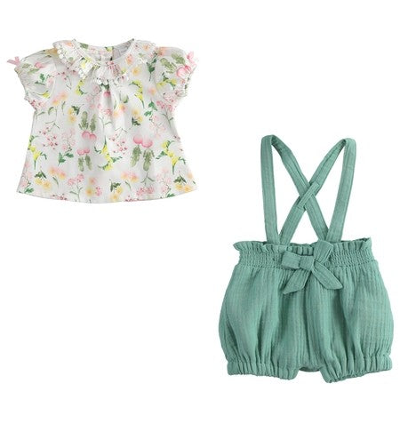 Completo in Cotone Camicia e Pantaloncino Fantasia Floreale Verde Neonata MINIBANDA 2779 - MINIBANDA - LuxuryKids