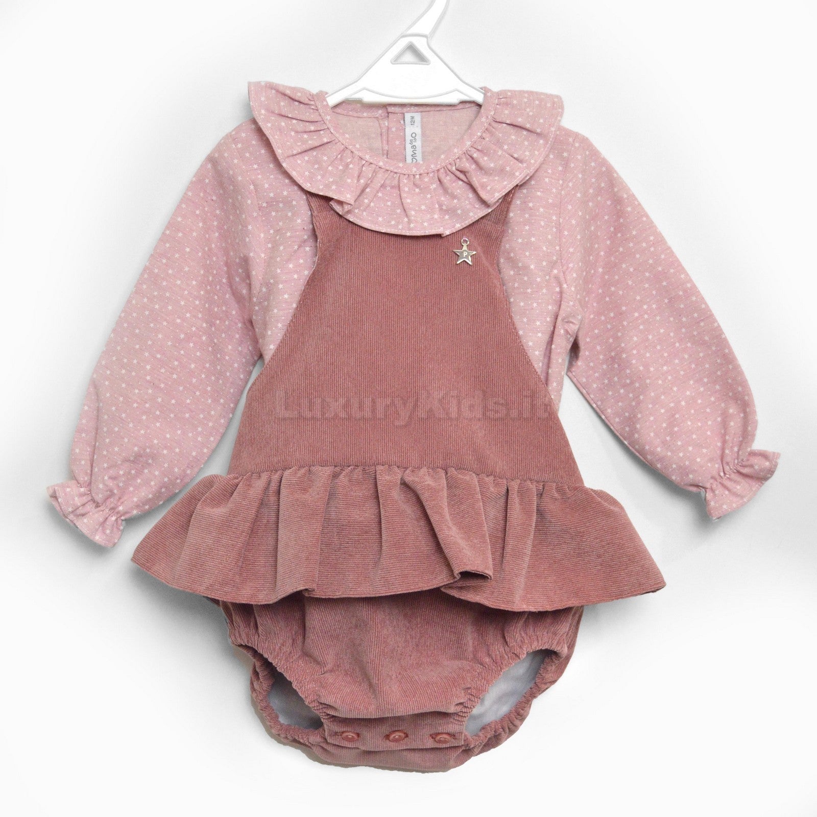 Completo Salopette e Camicia con Fantasia di Stelline Rosa Antico Per Neonata Paloma de la O LI8PT1R - PALOMA DE LA O - LuxuryKids