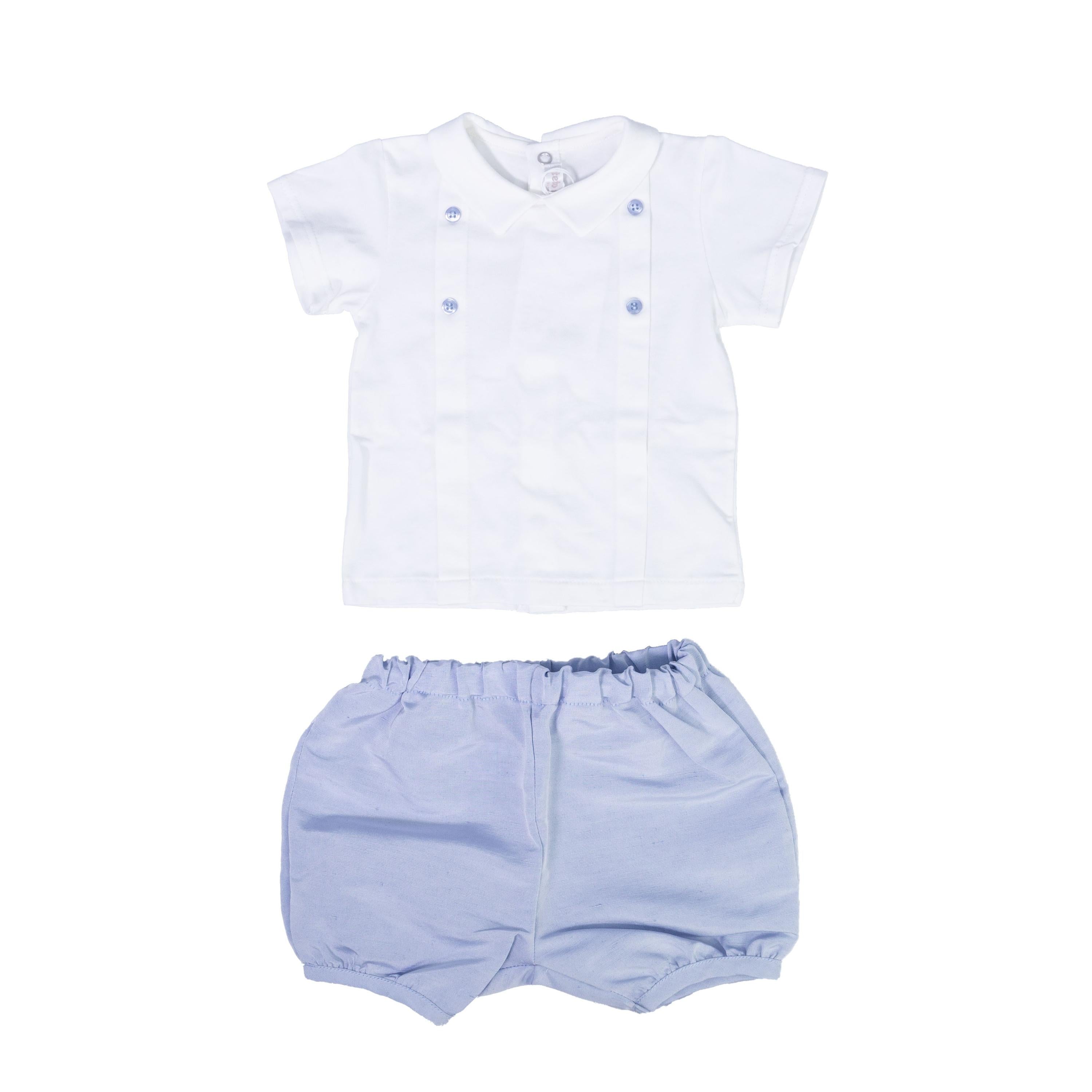 Completo Spezzato In Cotone Con Pantaloncino Panna-Celeste Neonato TETO E TATTA CC4620 - TETO E TATTA - LuxuryKids