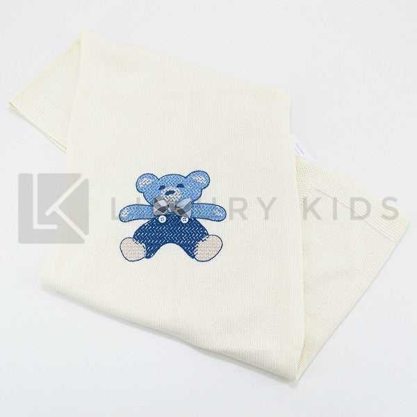 Coperta In Lana Panna Con Applicazione Di Orso In Lana Blu Neonato LA SARTORIA DEI PICCOLI LC359 - LA SARTORIA DEI PICCOLI - LuxuryKids