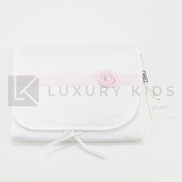 Fasciatoio Pieghevole In Cotone Bianco Con Fascia Rosa Con Cuscinetto Interno Neonata LA SARTORIA DEI PICCOLI LFS302 - LA SARTORIA DEI PICCOLI - LuxuryKids