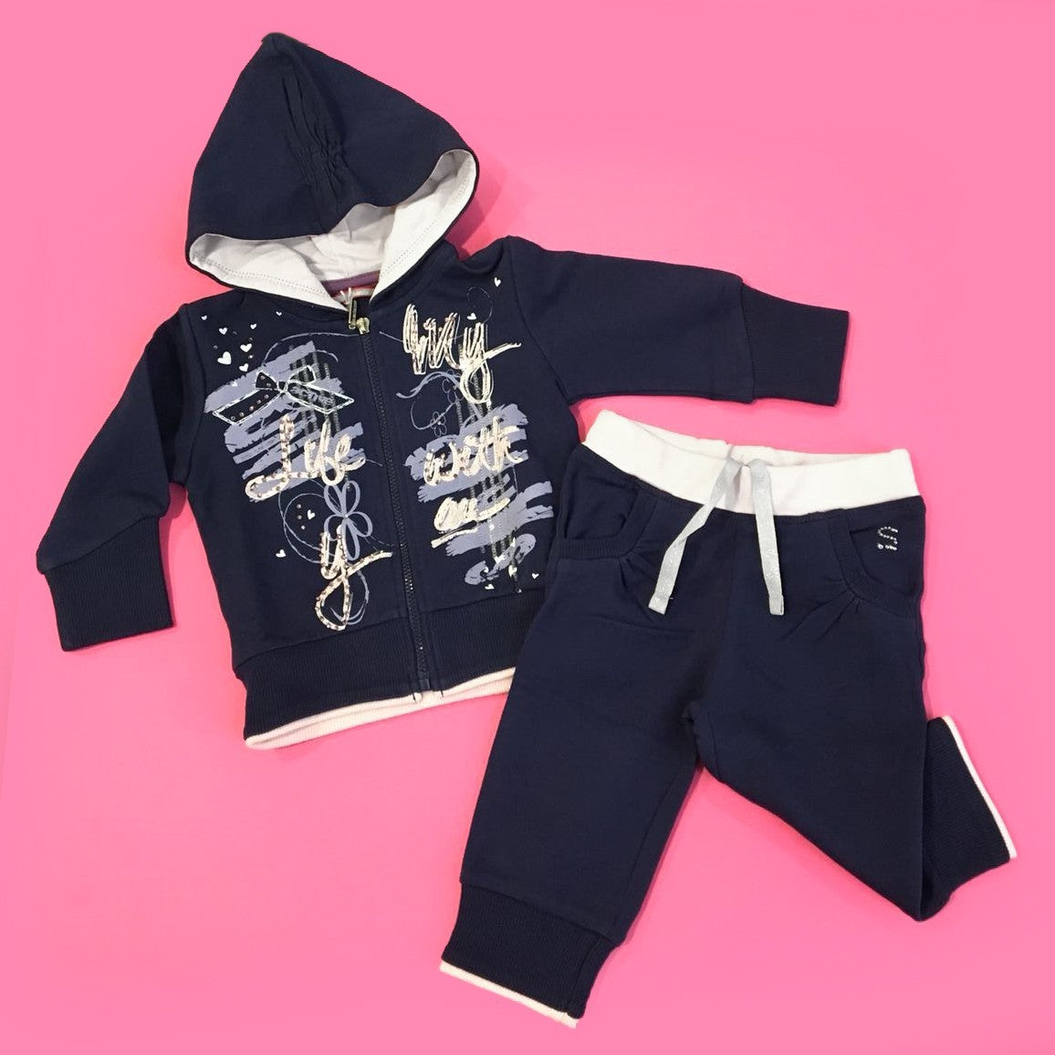 Felpa con Cappuccio in Caldo Cotone Blu con Stampa Neonata Sarabanda F851 - SARABANDA - LuxuryKids