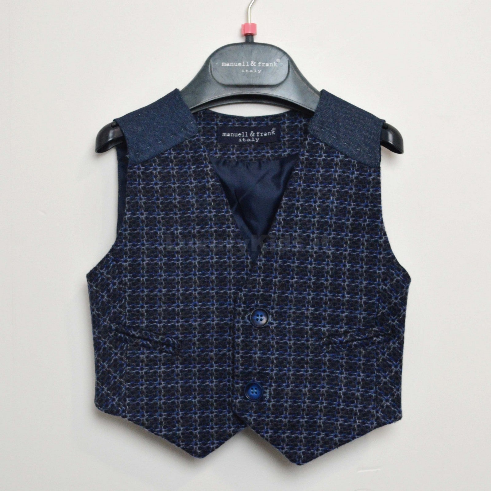 Gilet Elegante in Misto Lana Bluette con Effetto a Quadretti Per Neonato Manuell&Frank MF5003N - MANUELL&FRANK - LuxuryKids