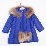 Giubbotto lungo imbottino con cappuccio e pon pon con pelliccia originale bambina Blu elettrico B10754AA - BUFI - LuxuryKids