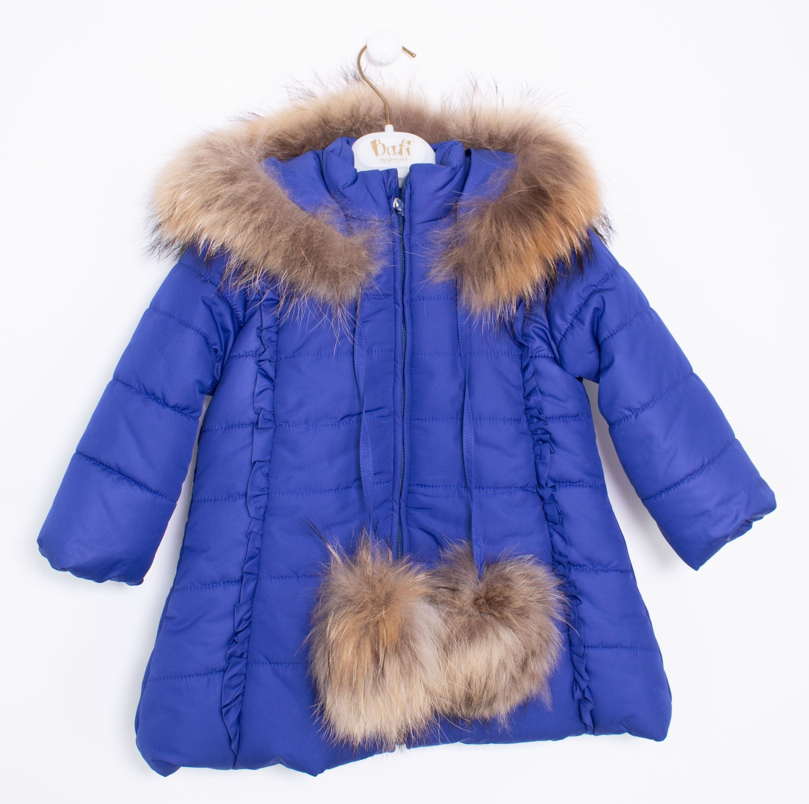 Giubbotto lungo imbottino con cappuccio e pon pon con pelliccia originale bambina Blu elettrico B10754AA - BUFI - LuxuryKids