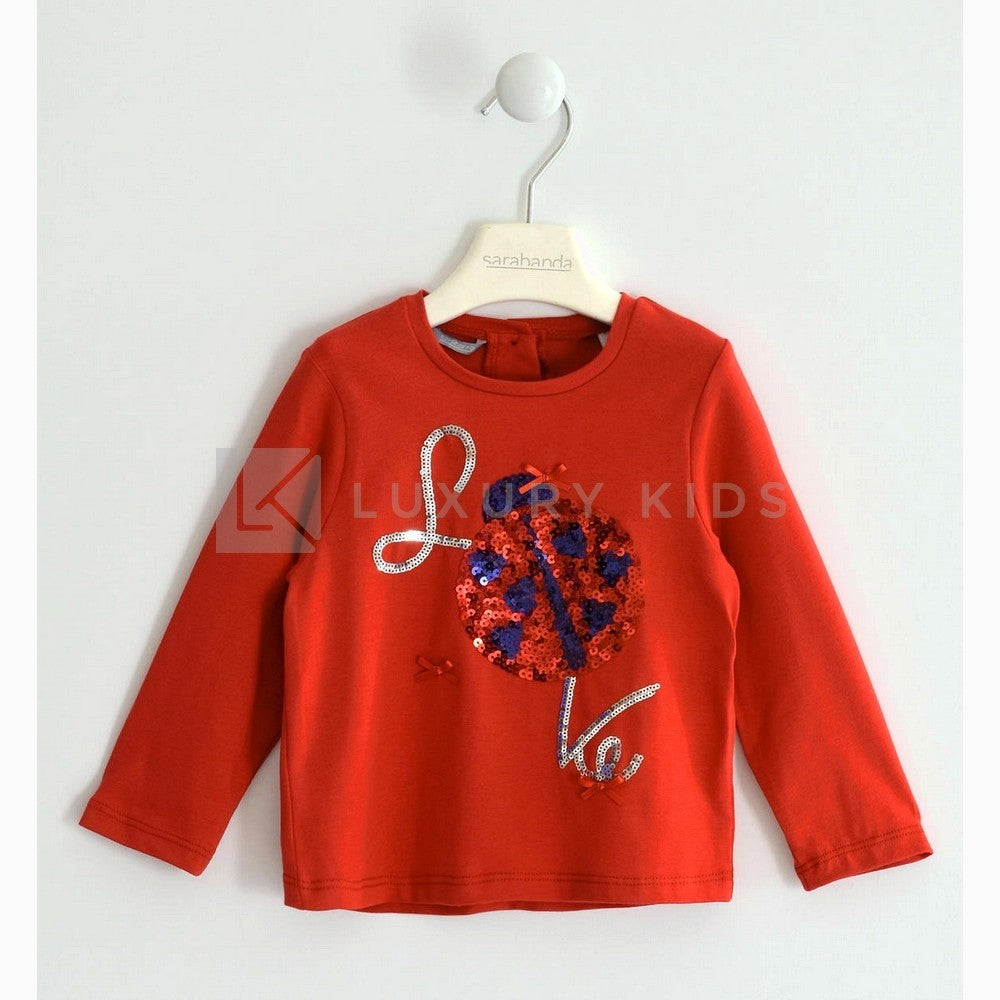 Maglia Manica Lunga In Cotone Elasticizzato Rossa Con Coccinella Di Paillettes Bambina SARABANDA J209R - SARABANDA - LuxuryKids