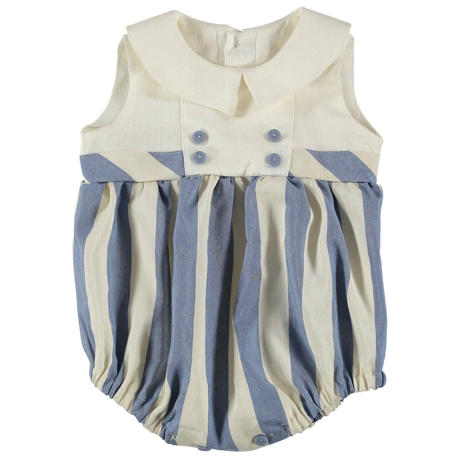 Pagliaccetto in Lino e Cotone Righe Blu-Panna Neonato MANUELL & FRANK  MF2203I - MANUELL&FRANK - LuxuryKids