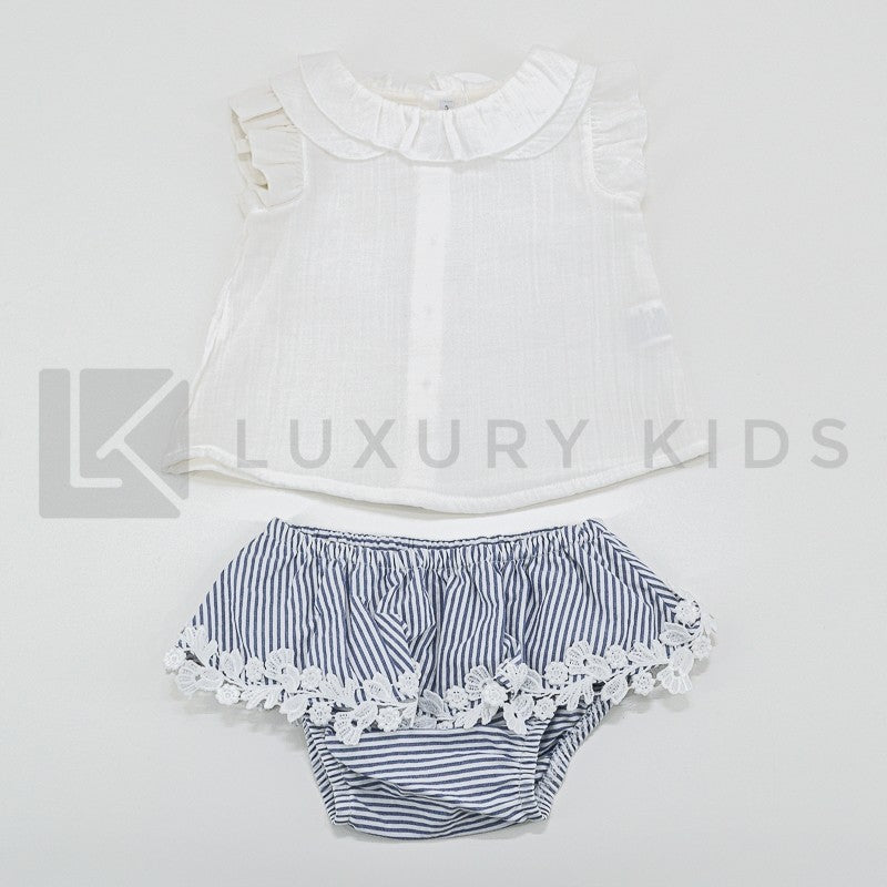 Pagliaccetto Spezzato Con Culotte E Camicia Bianco E Blu Neonata Fina Ejerique A7282 - Fina Ejerique - LuxuryKids