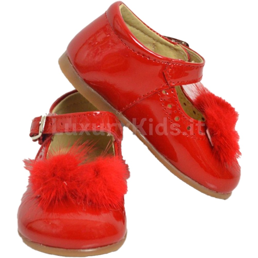 Scarpa A Bambolina Primi Passi Con Pon Pon in Vernice Rossa Bambina Panyno B2301R - PANYNO - LuxuryKids