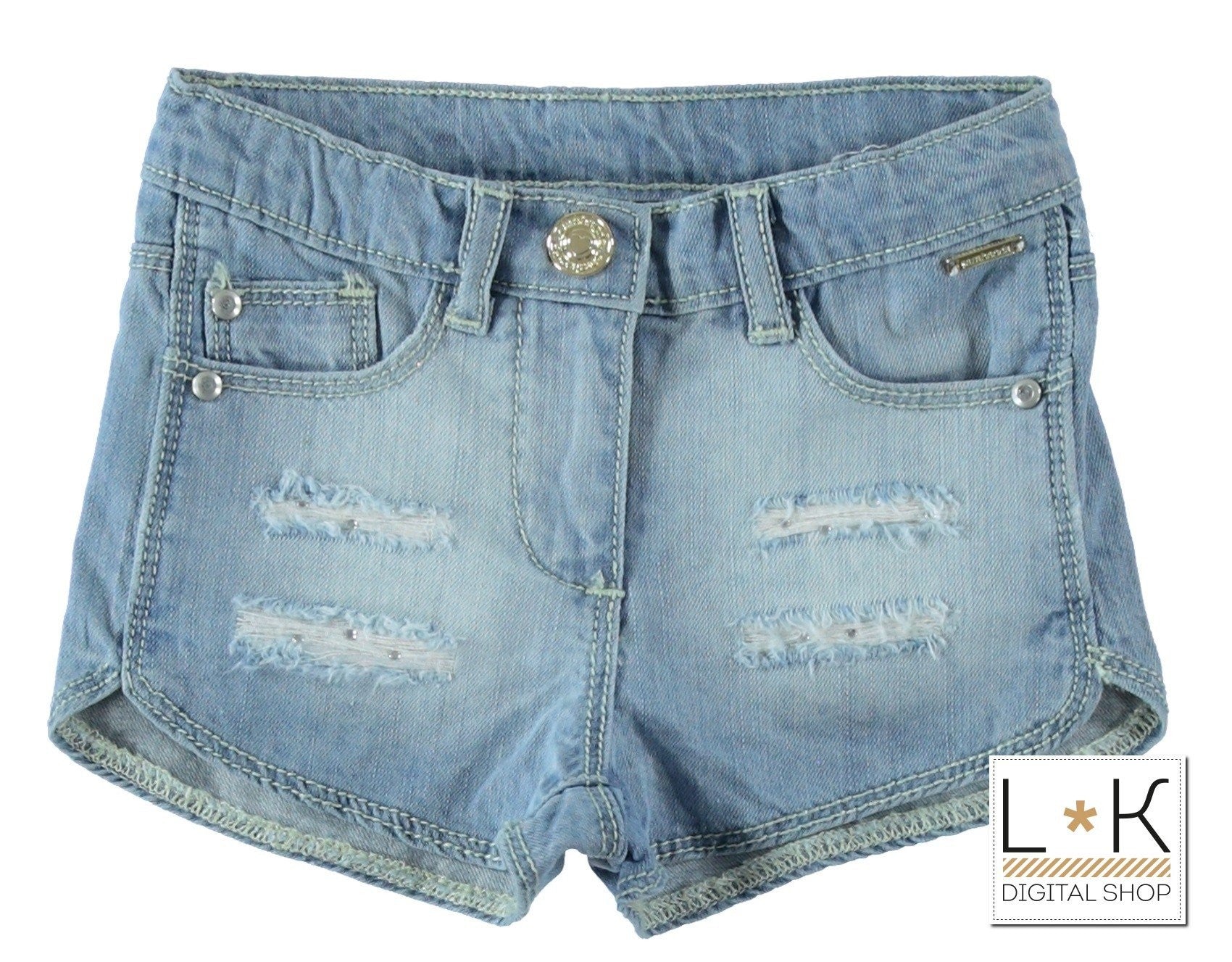 Short in Jeans Con Strappi e strass Neonata Sarabanda U572 - SARABANDA - LuxuryKids