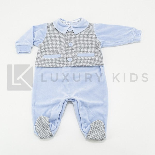 Tutina Intera In Ciniglia Azzurra Con Finto Panciotto Grigio In Misto Lana Pied de Poule Neonato LA SARTORIA DEI PICCOLI - LA SARTORIA DEI PICCOLI - LuxuryKids