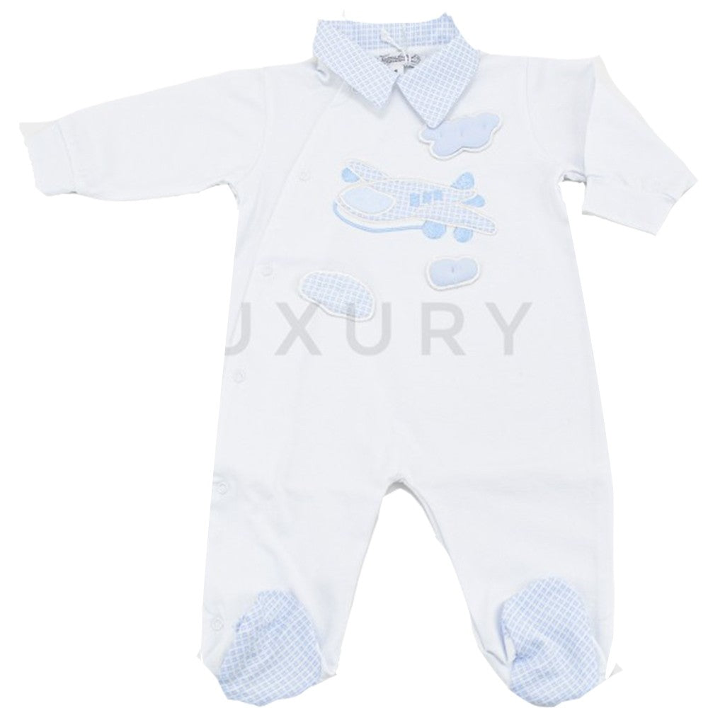 Tutina Intera In Cotone Bianca E Azzurra Con Aereoplanini Neonato LA SARTORIA DEI PICCOLI LT751 - LA SARTORIA DEI PICCOLI - LuxuryKids