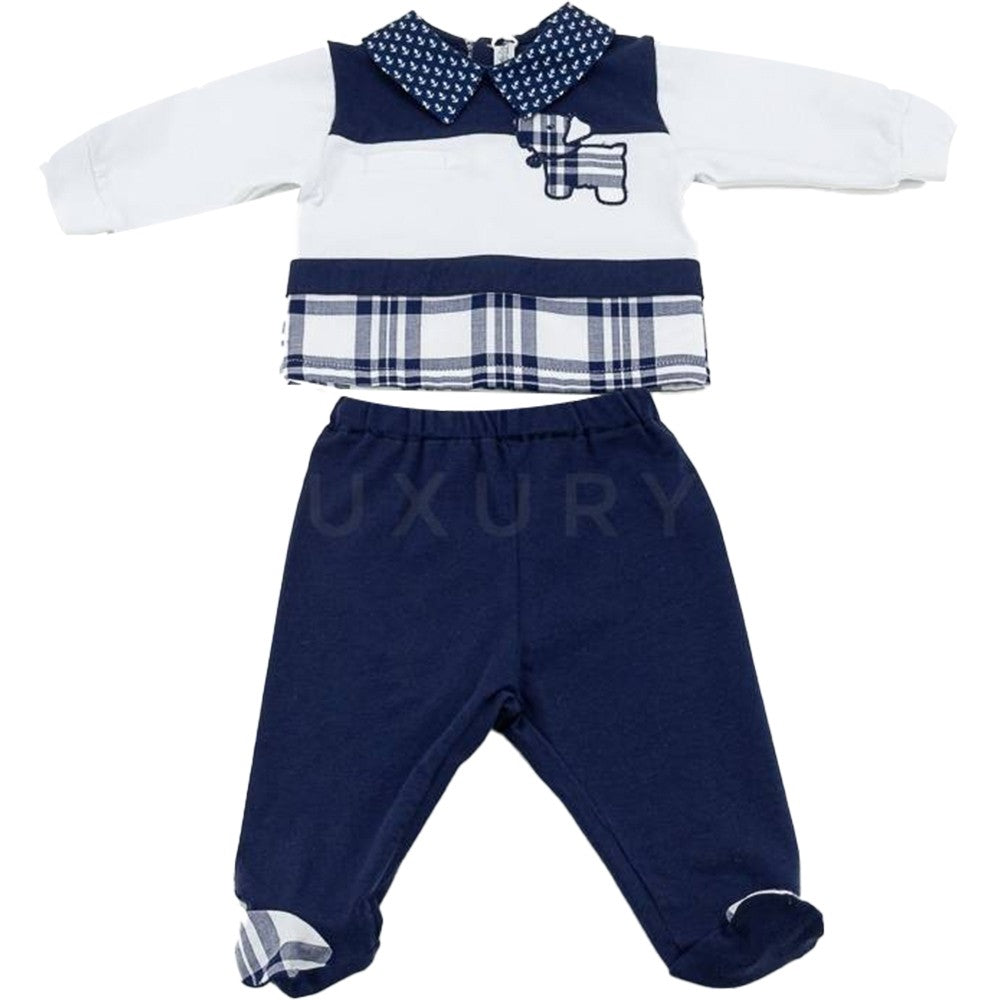 Tutina Spezzata In Cotone Bianca E Blu Con Cagnolino Neonato LA SARTORIA DEI PICCOLI LS753 - LA SARTORIA DEI PICCOLI - LuxuryKids