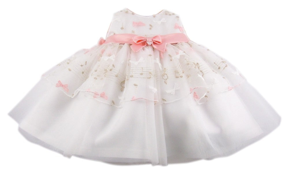 Vestito Elegante Con Culotte e Ricami Note Musicali Bianco-Rosa Pesca Neonata NINNAOH E2121 - NINNAOH - LuxuryKids