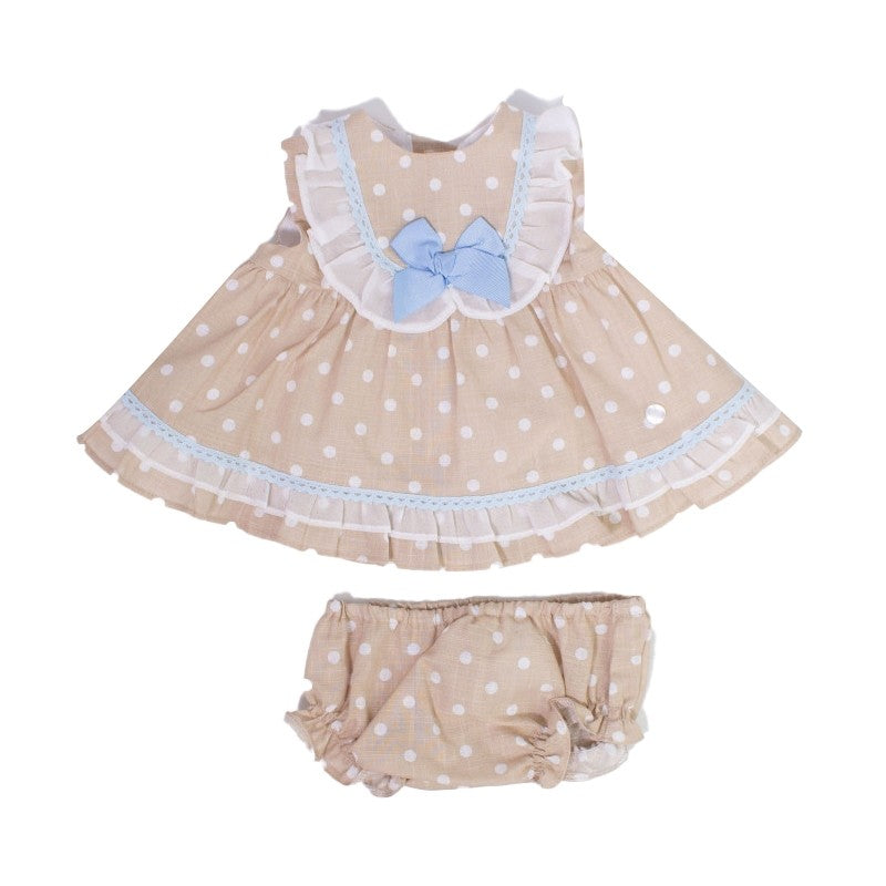 Vestito in Cotone Con Culotte Beige a Pois Bianco Neonata DEL SUR 0070 - DEL SUR - LuxuryKids