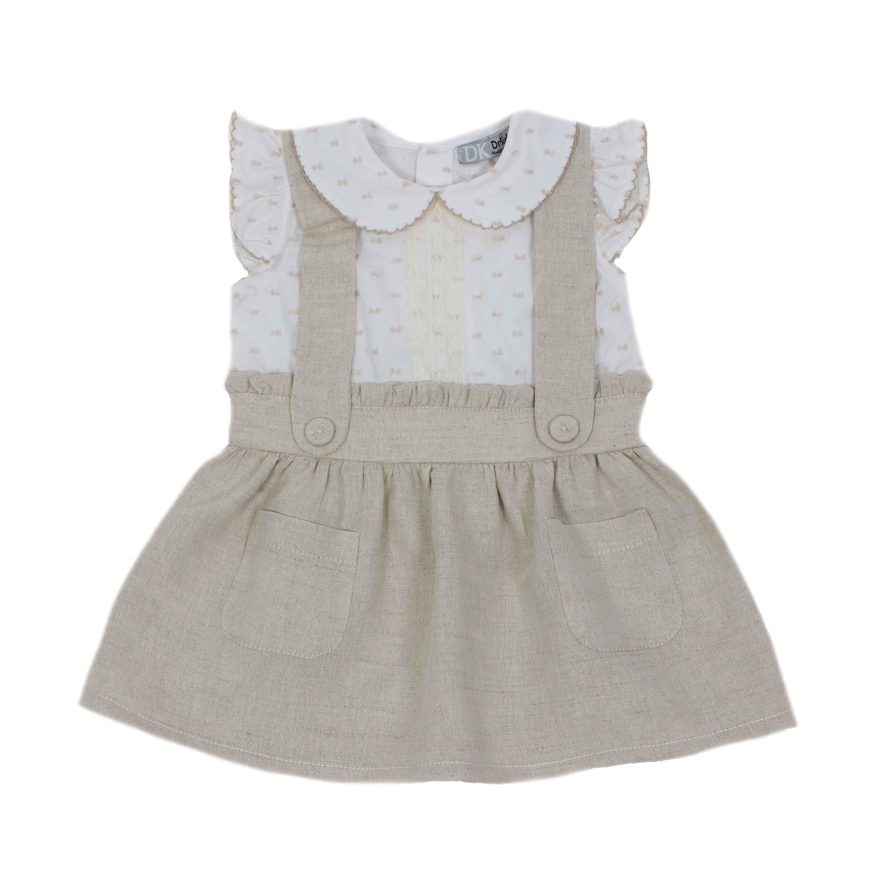 Vestito In Lino e Plumetis Finte Bretelle Beige Neonata DR KID DK370 - DR.KID - LuxuryKids