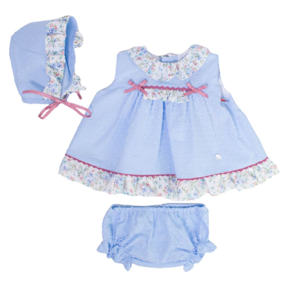 Vestito Smanicato in Cotone Plumetis Celeste Con Culotte e Cuffia Neonata DEL SUR 0176 - DEL SUR - LuxuryKids