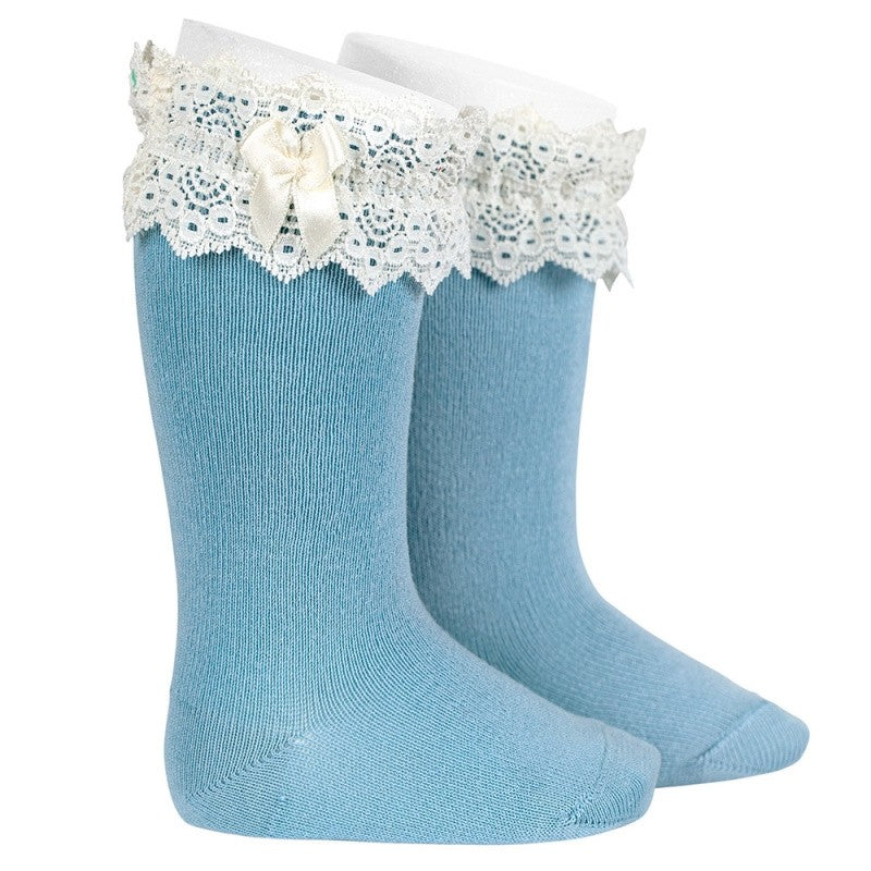 Calzini In Cotone Lunghi Con Pizzo E Fiocco Neonata CONDOR 484 - Condor - LuxuryKids