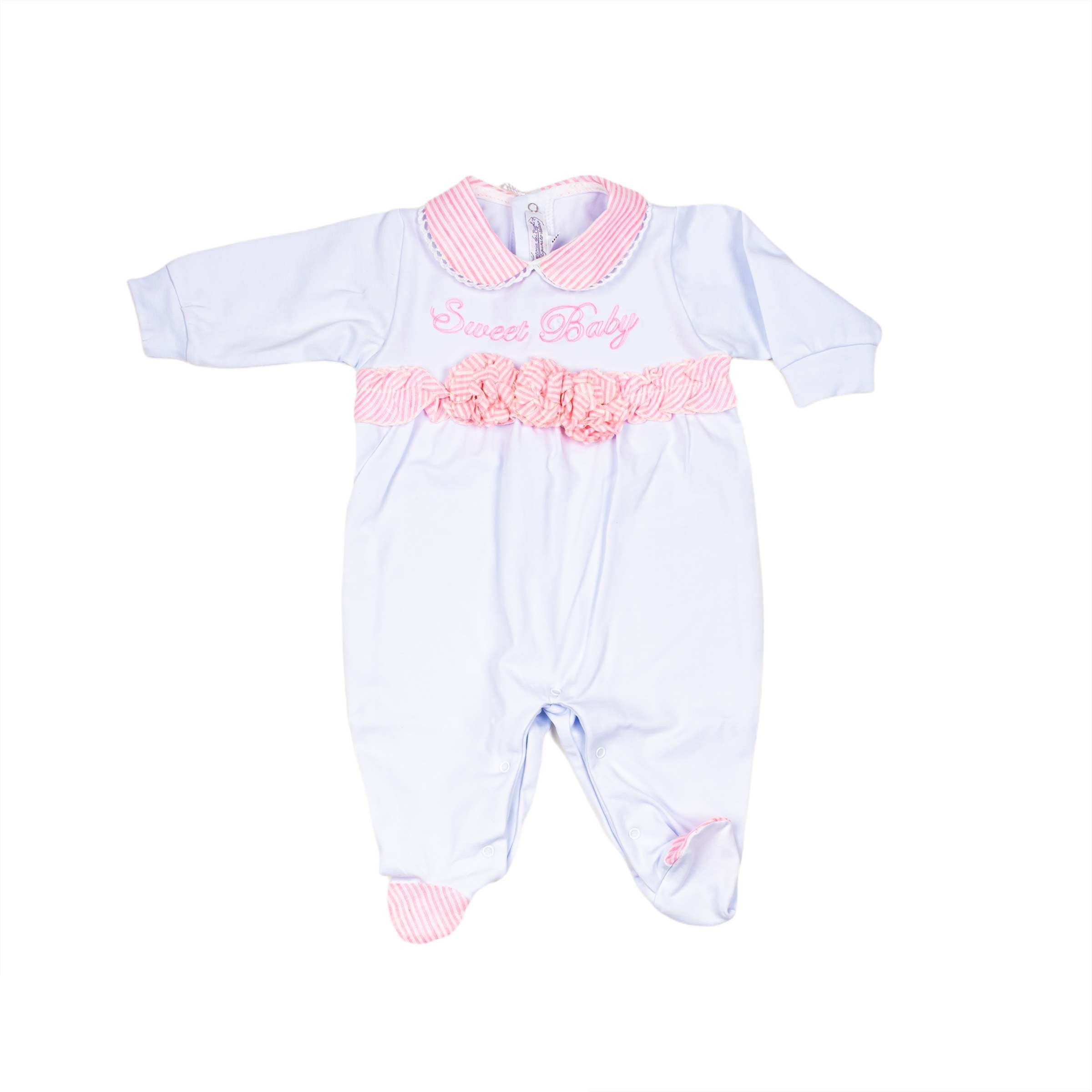 Tutina In Cotone Bianca Con Rouches Rosa Neonata LA SARTORIA DEI PICCOLI LT901 - LA SARTORIA DEI PICCOLI - LuxuryKids
