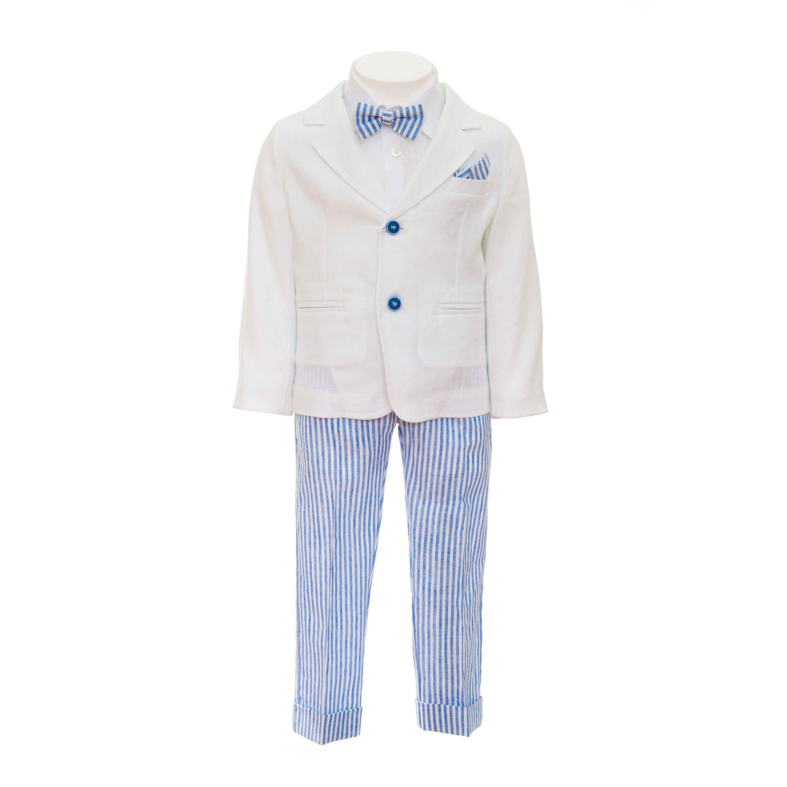 Completo 4 Pezzi Elegante Misto Lino Bianco e Celeste Neonato BUFI B5109A2 - BUFI - LuxuryKids