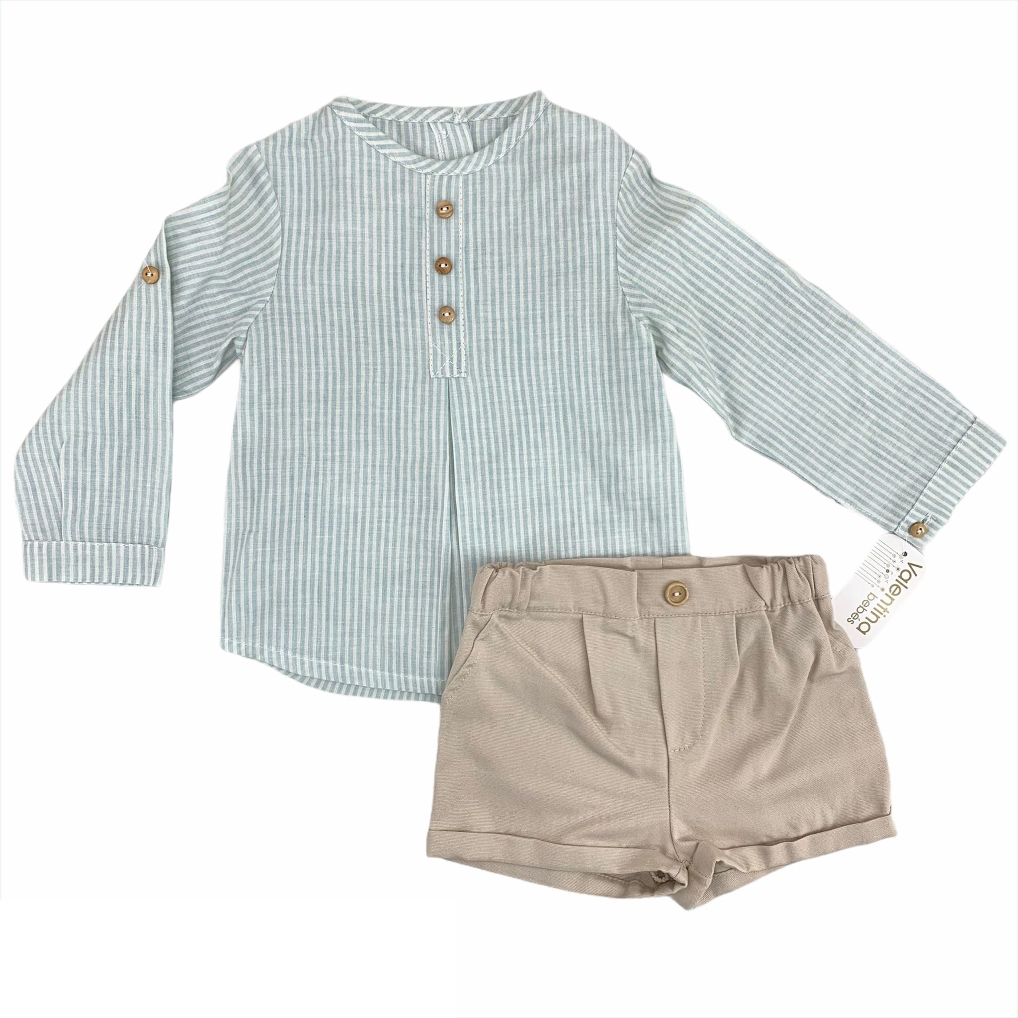 Completo 2 Pezzi Con Camicia Manica Lunga E Bermuda Verde-Beige Neonato VALENTINA BEBES ASS24 - VALENTINA BEBES - LuxuryKids