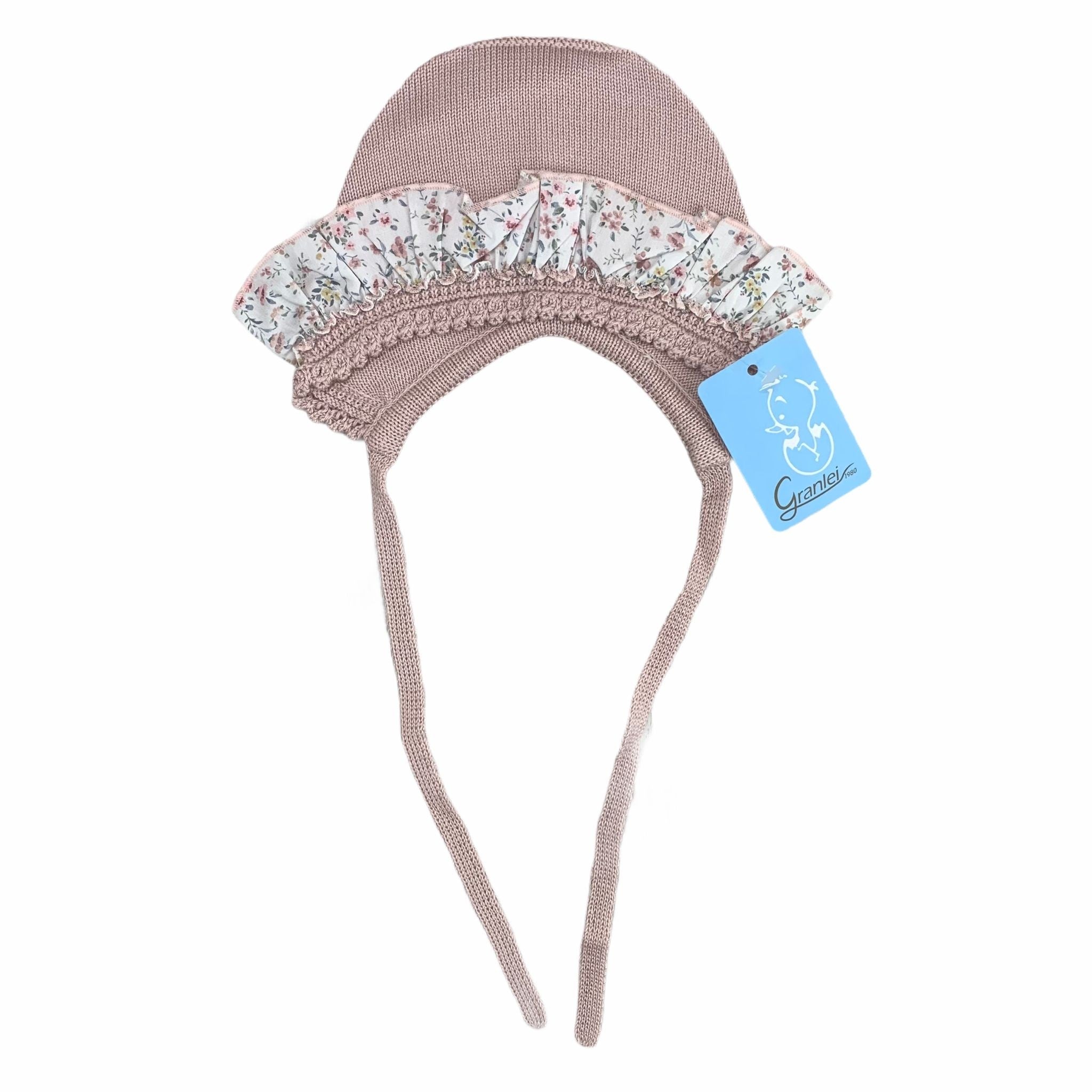 Cuffia In Filo Di Cotone Con Rouches Floreale Rosa Neonata GRANLEI 399 - GRANLEI - LuxuryKids