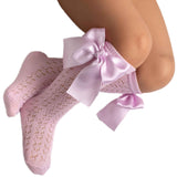 Calzini In Filo Di Cotone Traforati Lunghi Con Fiocco In Raso Neonata MEIA PATA 1084M - MEIA PATA - LuxuryKids