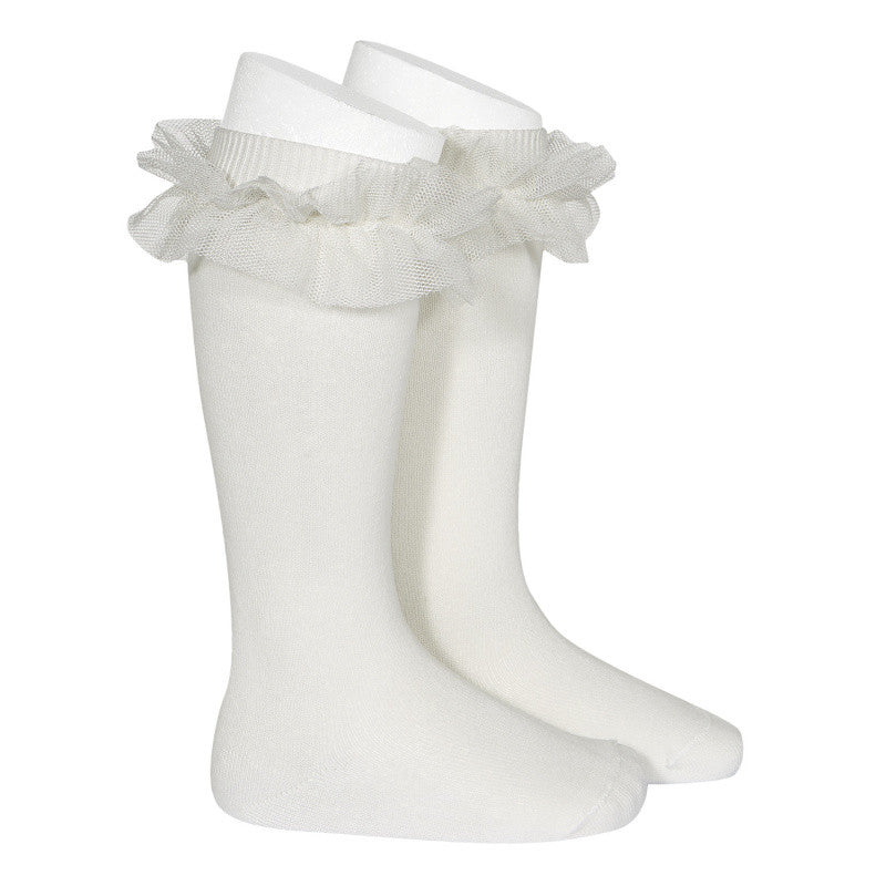 Calze Lunghe a Maglia Rasata In Caldo Cotone Con Tulle Neonata CONDOR 2494 - Condor - LuxuryKids