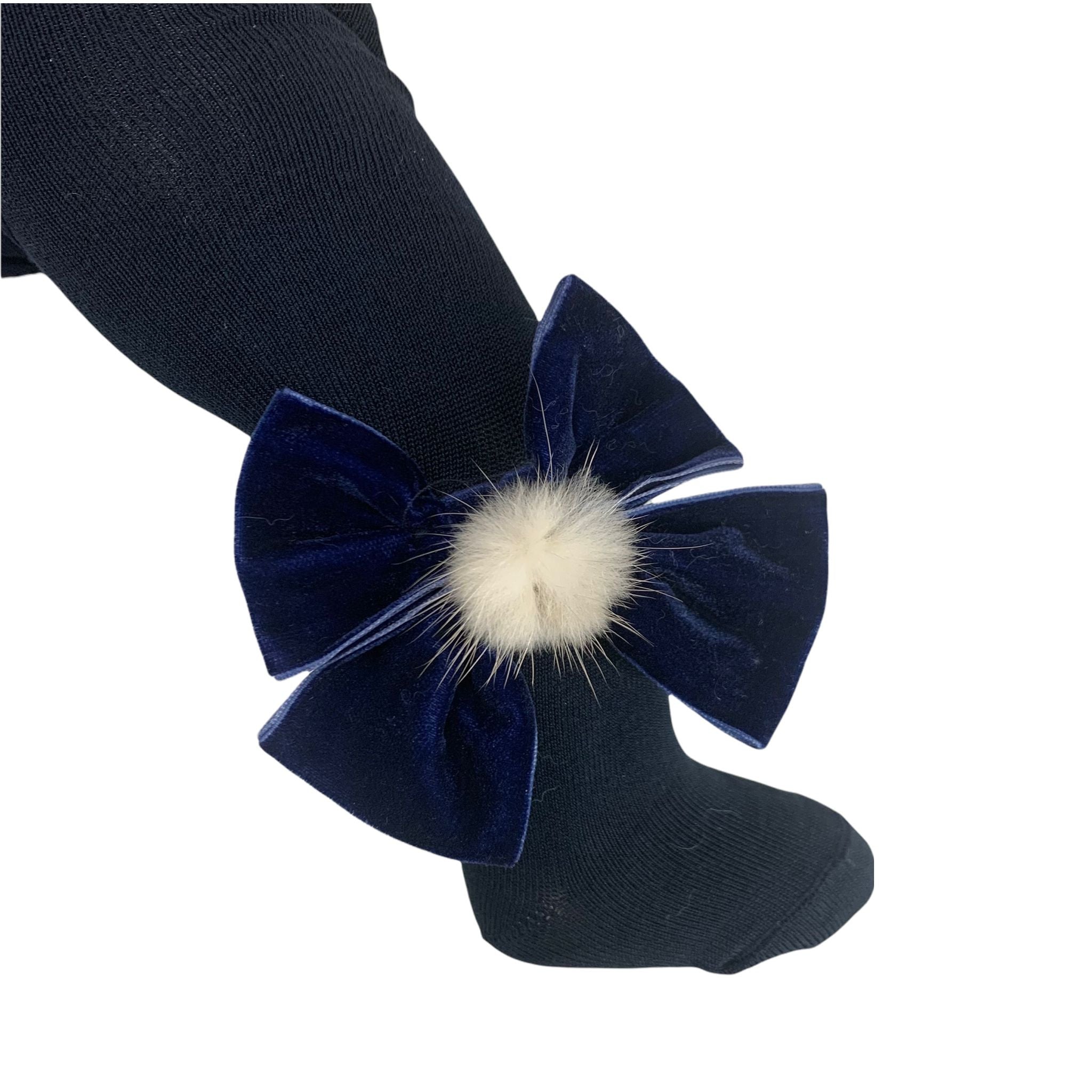 Calze In Caldo Cotone Con Fiocco In Velluto E Pon Pon Neonata MEIA PATA 2051 - MEIA PATA - LuxuryKids
