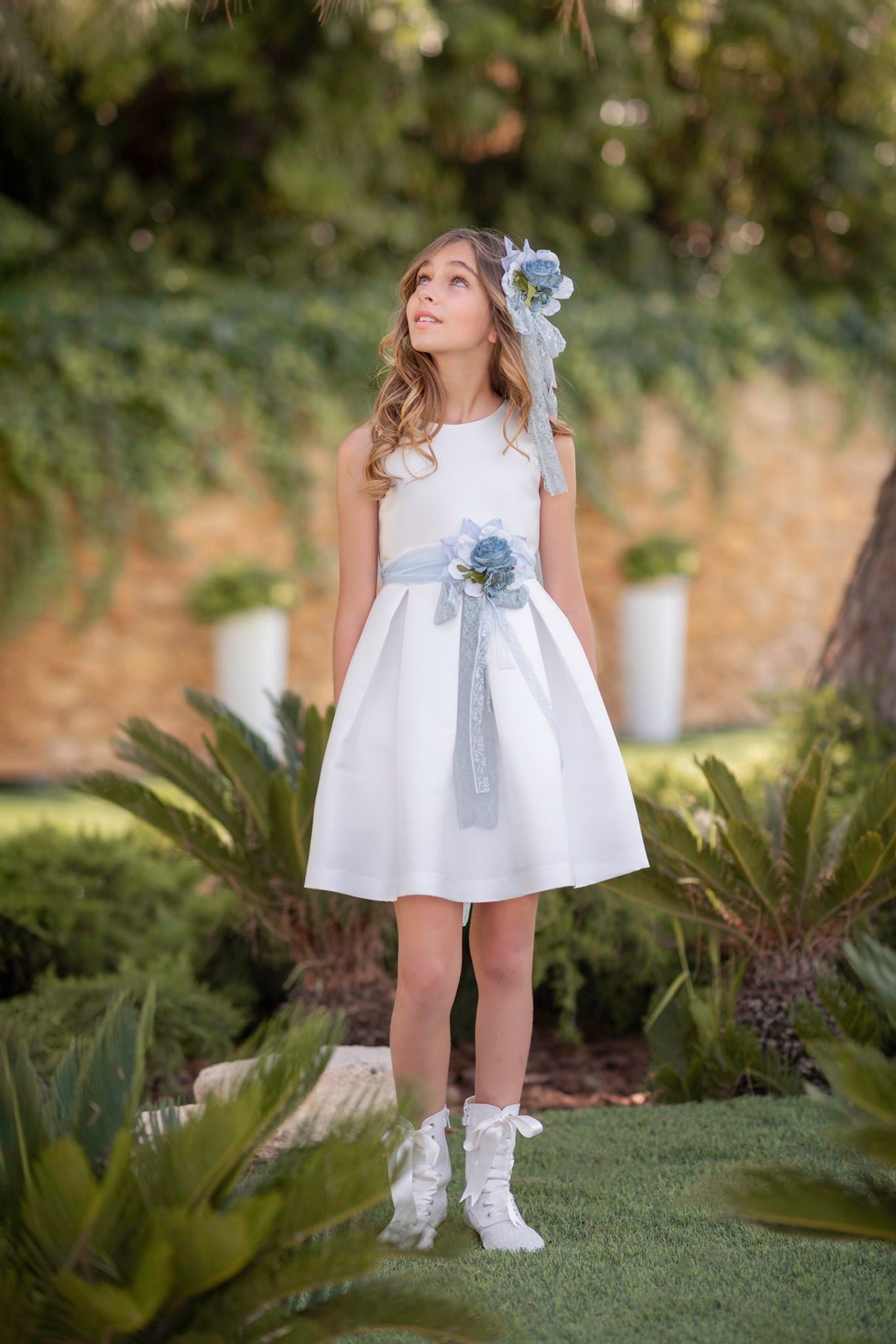 Abito Elegante Cerimonia Smanicato In Mikado Bianco Bambina MIMILU' 452 - MIMILU' - LuxuryKids