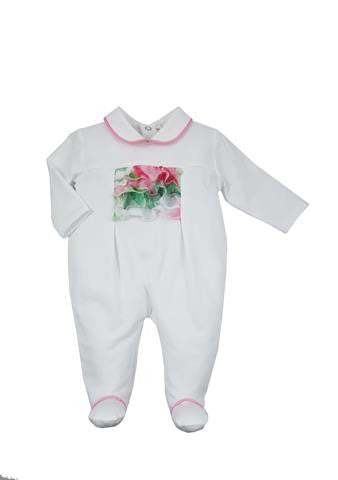 Tutina Intera In Cotone Bianca Con Dettagli Floreali Neonata NINNAOH E2253T - NINNAOH - LuxuryKids
