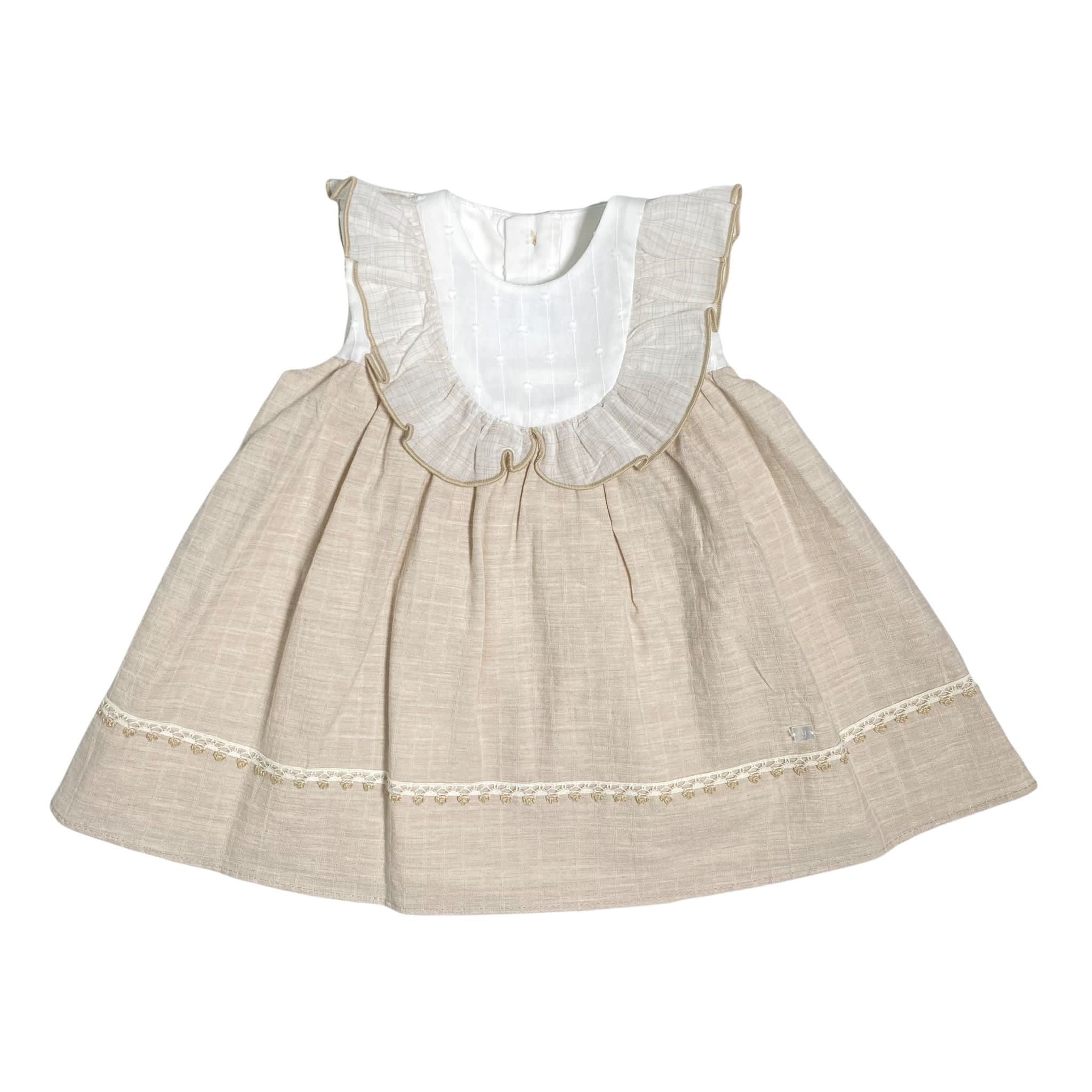 Abito Smanicato In Cotone Con Rouches Beige Neonata YOEDU 0332 - YOEDU - LuxuryKids