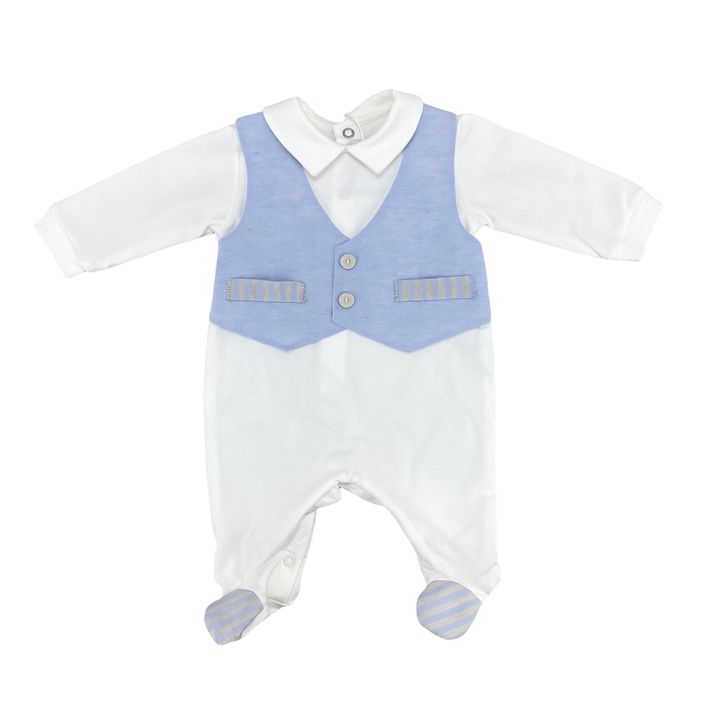 Tutina Intera In Cotone Bianca Con Finto Panciotto Celeste Neonato TETO E TATTA TU1520 - TETO E TATTA - LuxuryKids
