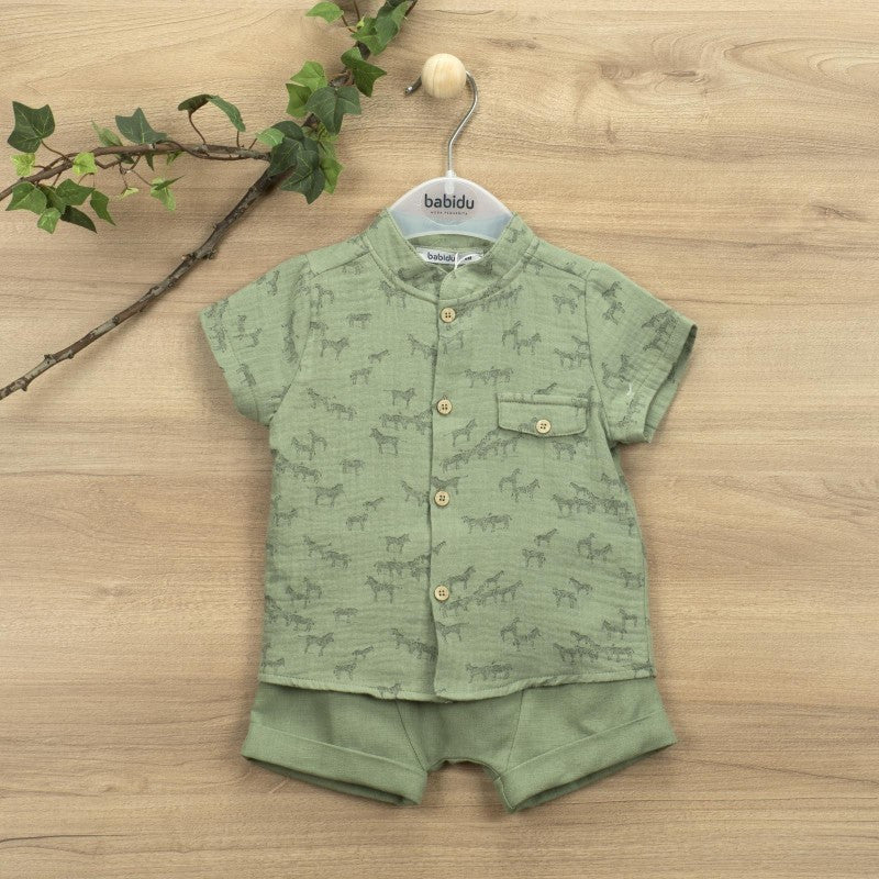Completo Maglietta E Bermuda Verde Fantasia Safari In Misto Lino Bambino BABIDU 42483 - BABIDU - LuxuryKids