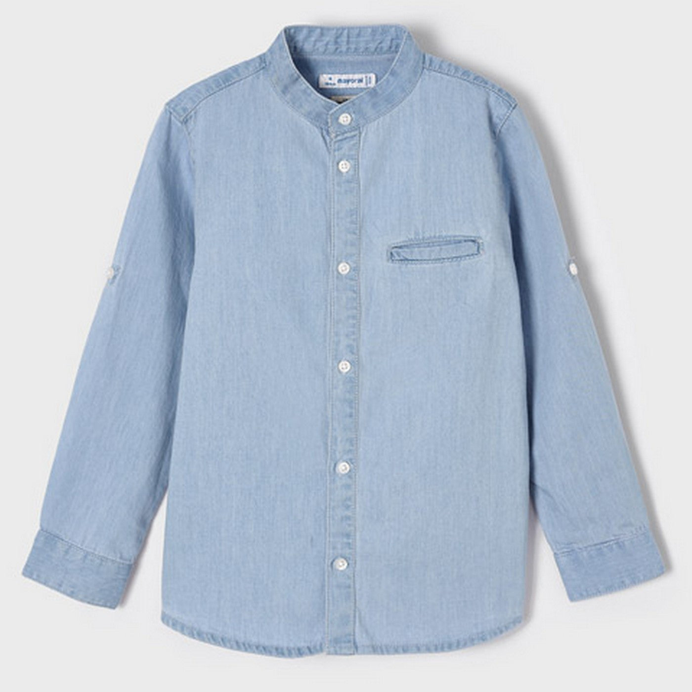 Camicia Denim Collo Coreana Manica Lunga Risvoltabile In Cotone Celeste Bambino MAYORAL 3124J - MAYORAL - LuxuryKids