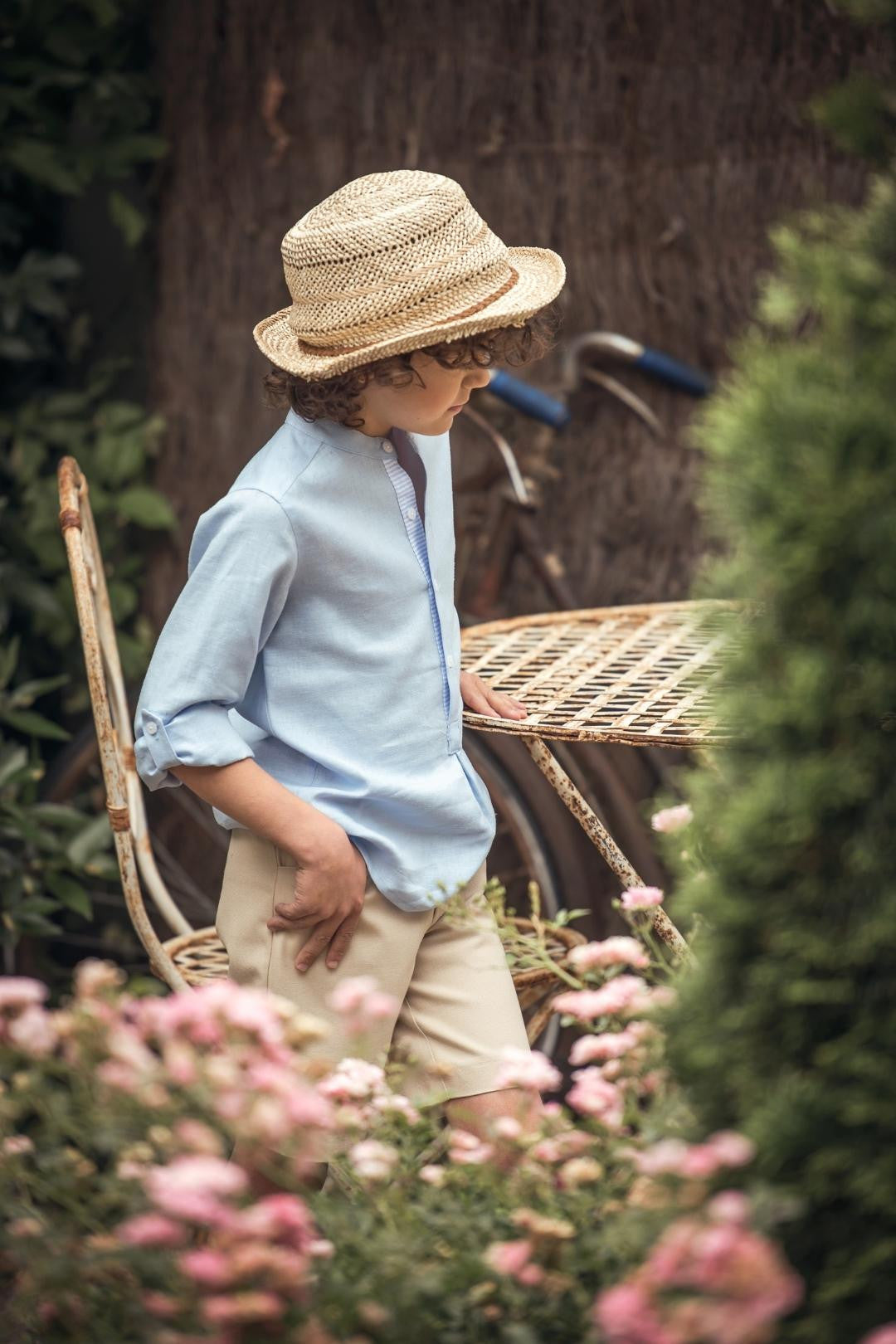 Completo Camicia Celeste E Bermuda Beige In Misto Lino Bambino YOEDU 1224 - YOEDU - LuxuryKids