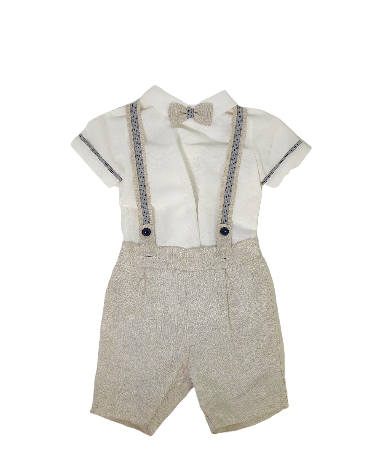 Completo Elegante Cerimonia Con Bermuda Con Bretelle E Camicia In Misto Lino Beige Bambino PONTO POR PONTO 5778A - PONTO POR PONTO - LuxuryKids
