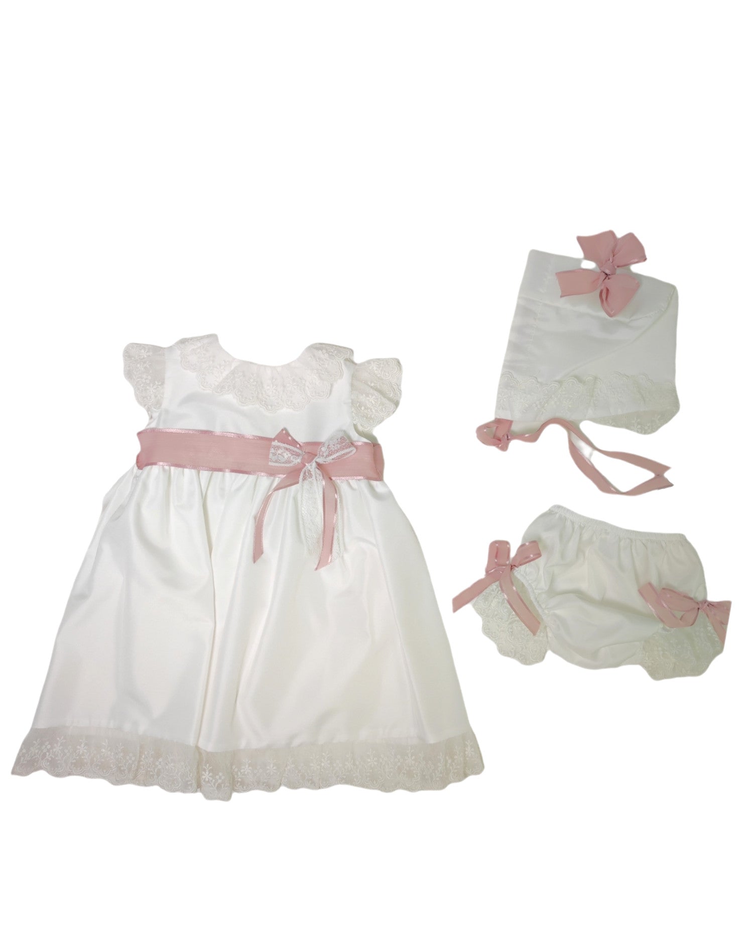Abito Elegante Battesimale Con Cuffia E Culotte Bianco Neonata PONTO POR PONTO 5811 - PONTO POR PONTO - LuxuryKids