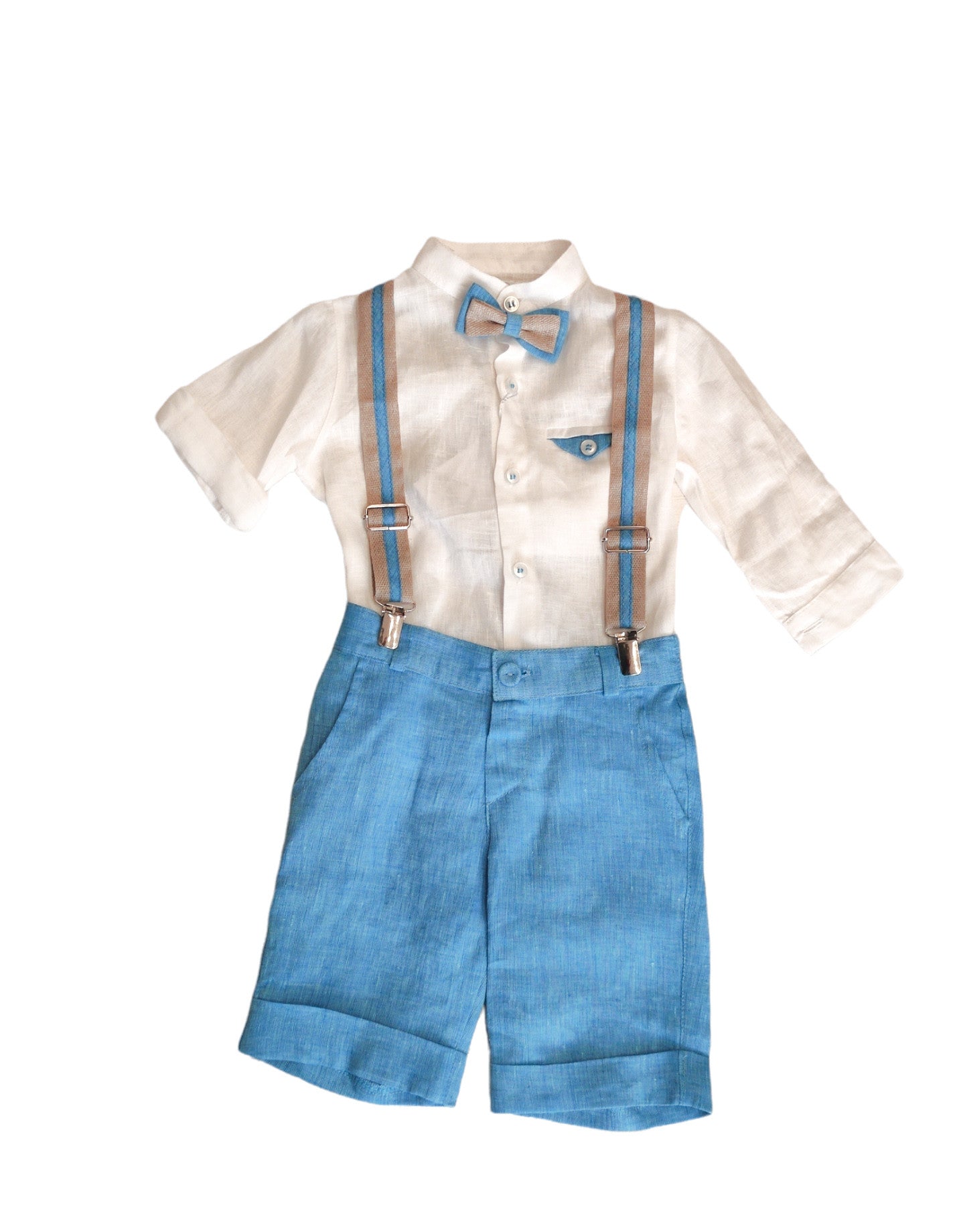 Completo Camicia Coreana Bermuda Bluette con Bretelle  In Lino Neonato LA SARTORIA DEI PICCOLI L135 - LA SARTORIA DEI PICCOLI - LuxuryKids