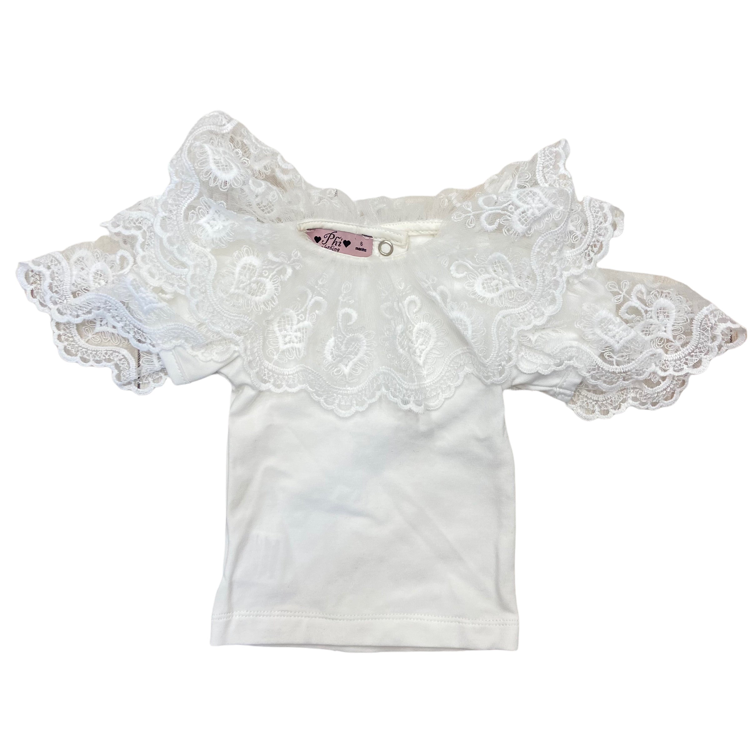 Maglietta Mezza Manica  In Cotone Con Collo Ruches In Pizzo Bianco Neonata PHY CLOTHING 22316 - PHY CLOTHING - LuxuryKids