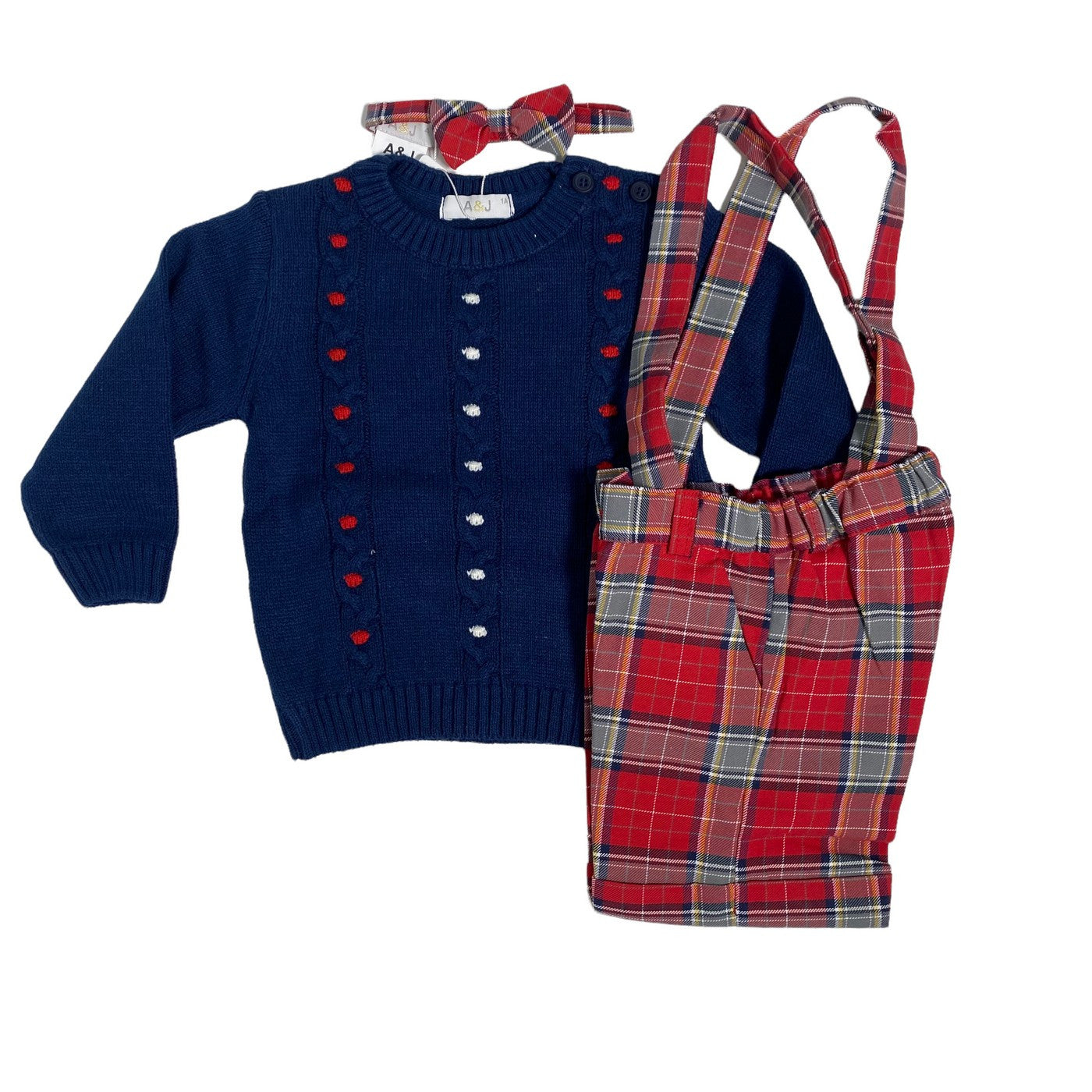 Completo Con Bermuda Scozzese Con Bretelle Maglioncino E Papillon Neonato A&J 542 - A&J - LuxuryKids