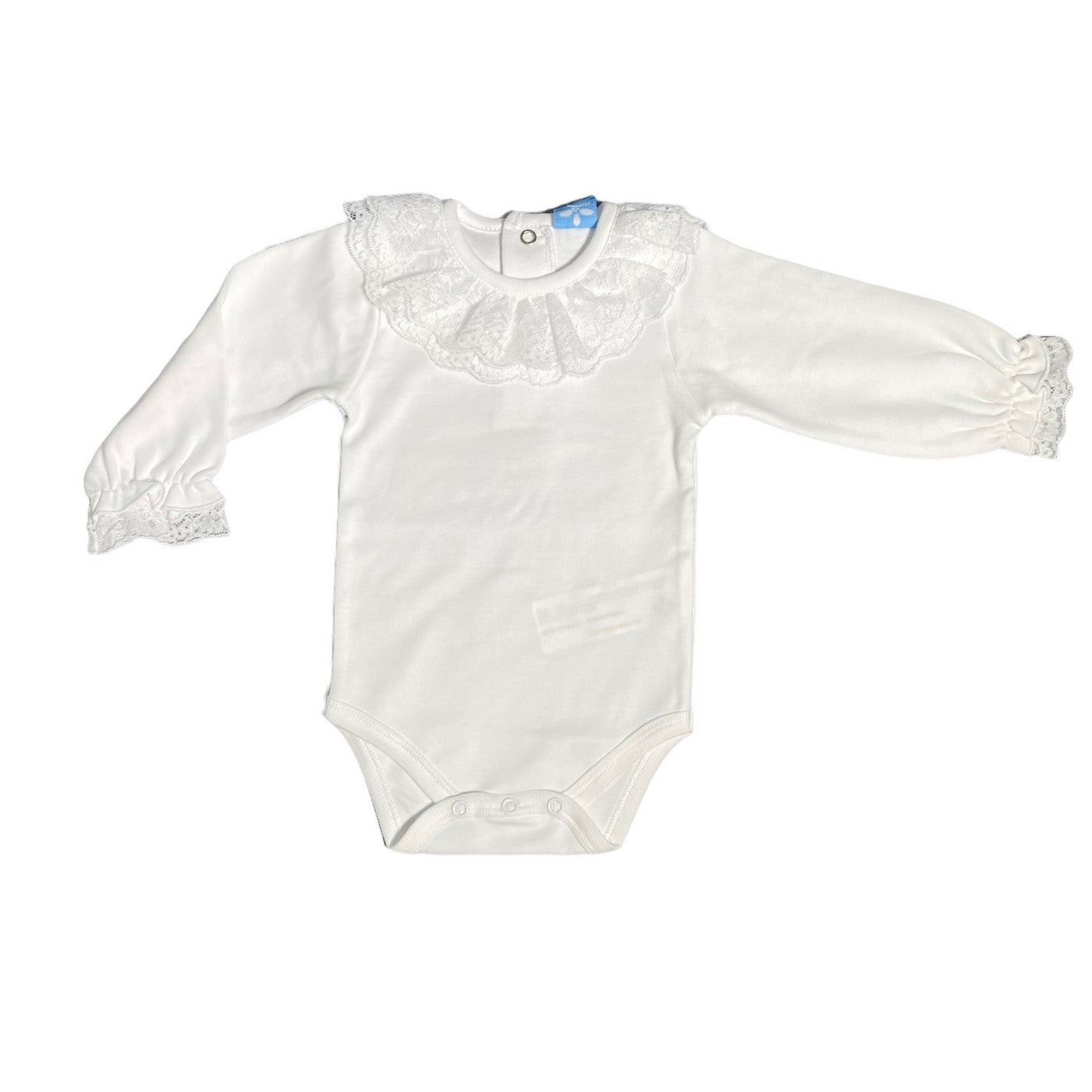 Body In Caldo Cotone Con Collo Rouche In Pizzo Bianco Neonata SARDON LA628 - SARDON - LuxuryKids