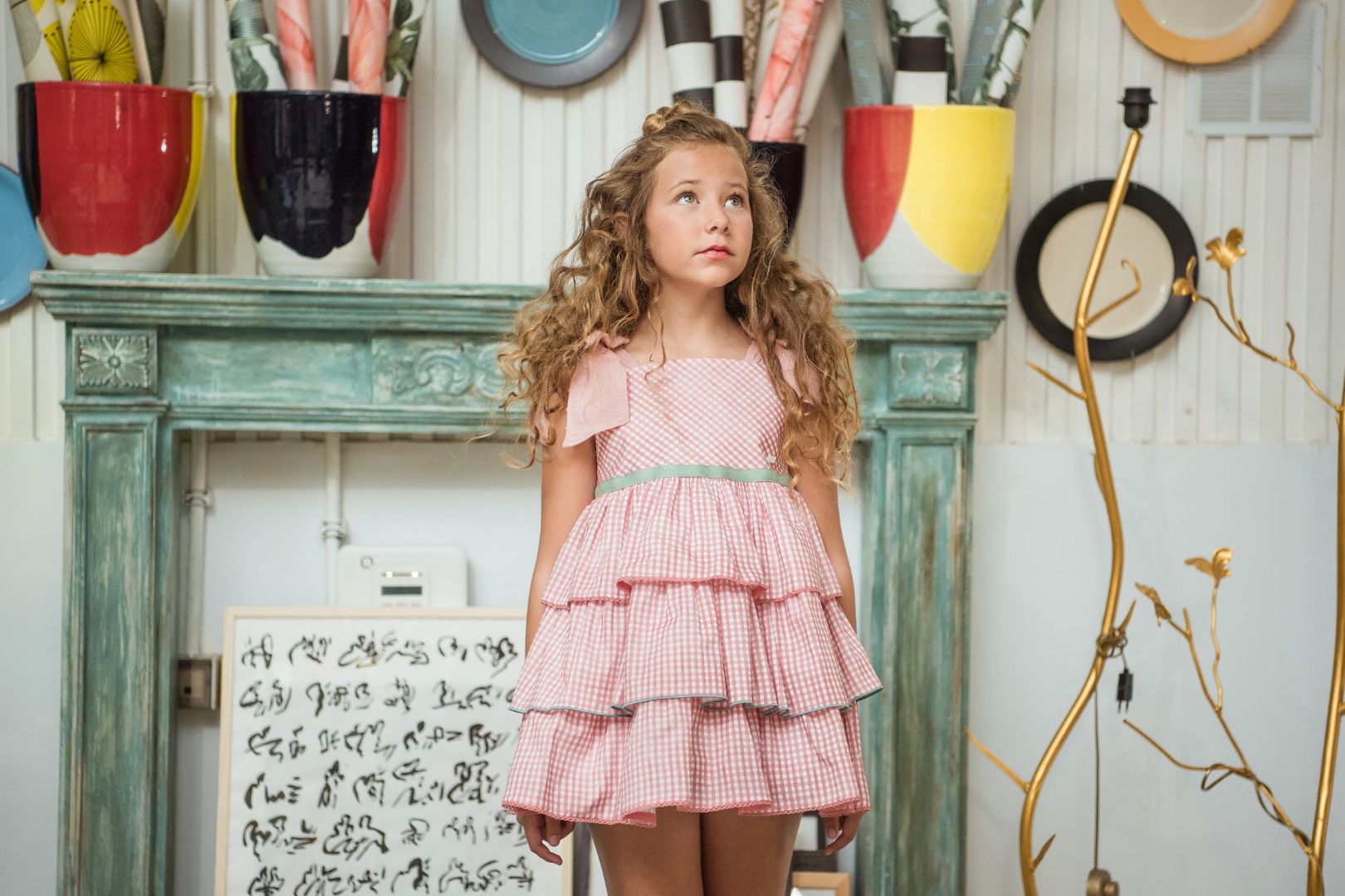 Abito Con Bretelline In Vichy Rosa Antico Bambina YOEDU 0516 - YOEDU - Luxury Kids