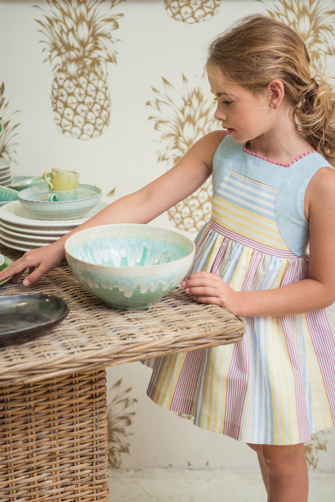 Abito Smanicato In Misto Lino A Righe Bambina YOEDU 0519 - YOEDU - Luxury Kids