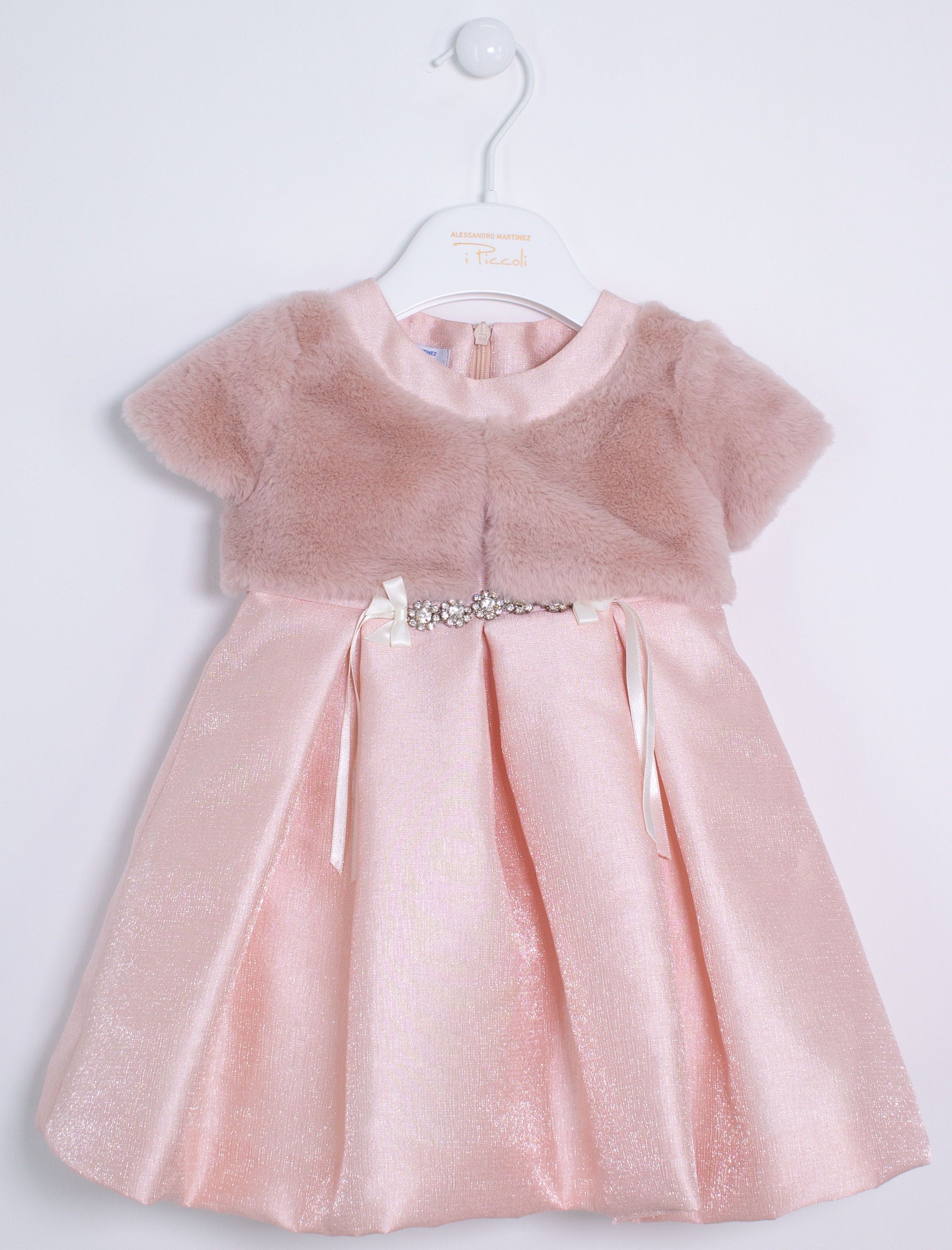 Abito Battesimale Cerimonia Elegante Raso Con Corpetto In Pelliccia Neonata ALESSANDRO MARTINEZ AM1116 - ALESSANDRO MARTINEZ - LuxuryKids