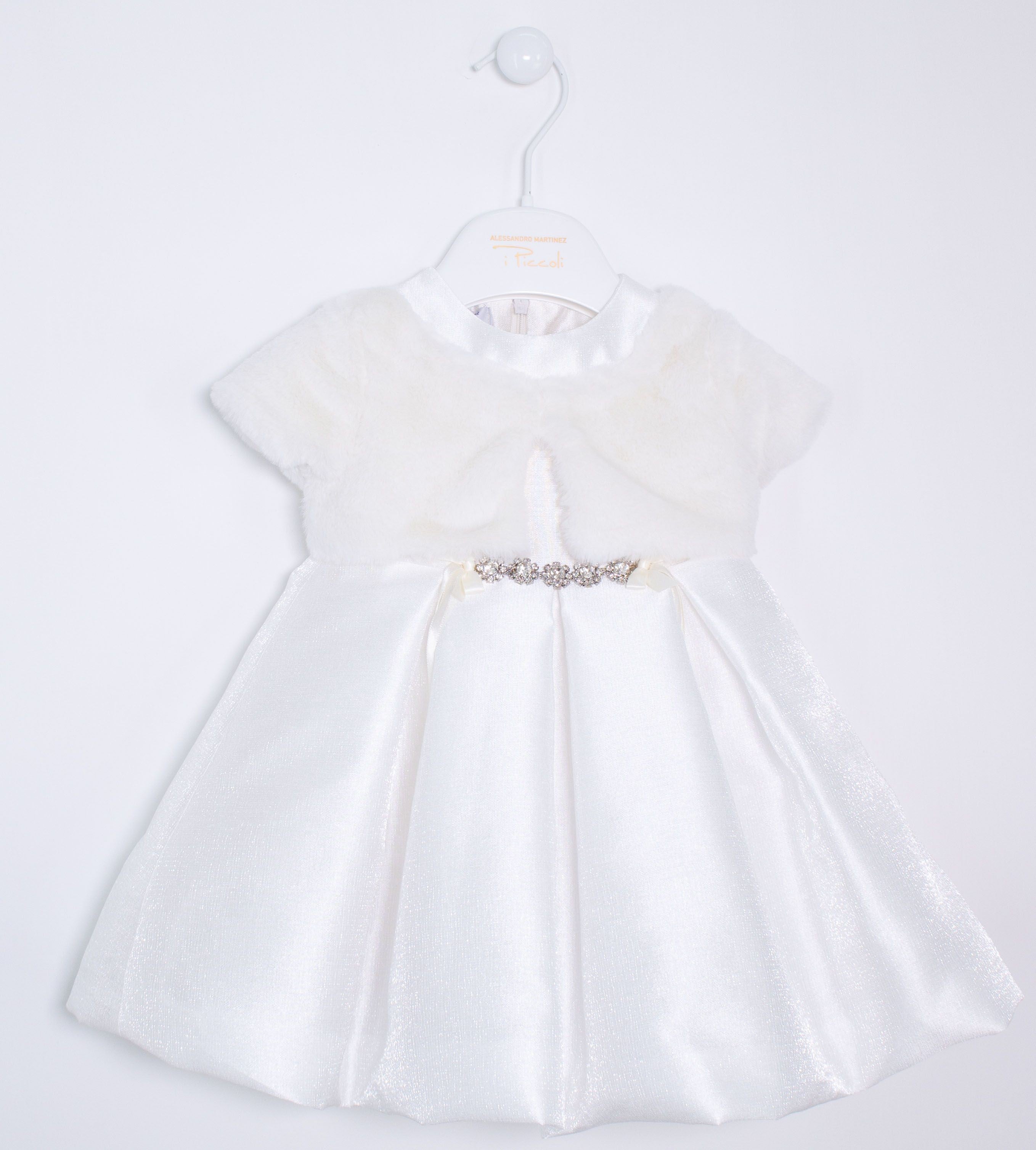 Abito Battesimale Cerimonia Elegante Raso Con Corpetto In Pelliccia Neonata ALESSANDRO MARTINEZ AM1116 - ALESSANDRO MARTINEZ - LuxuryKids