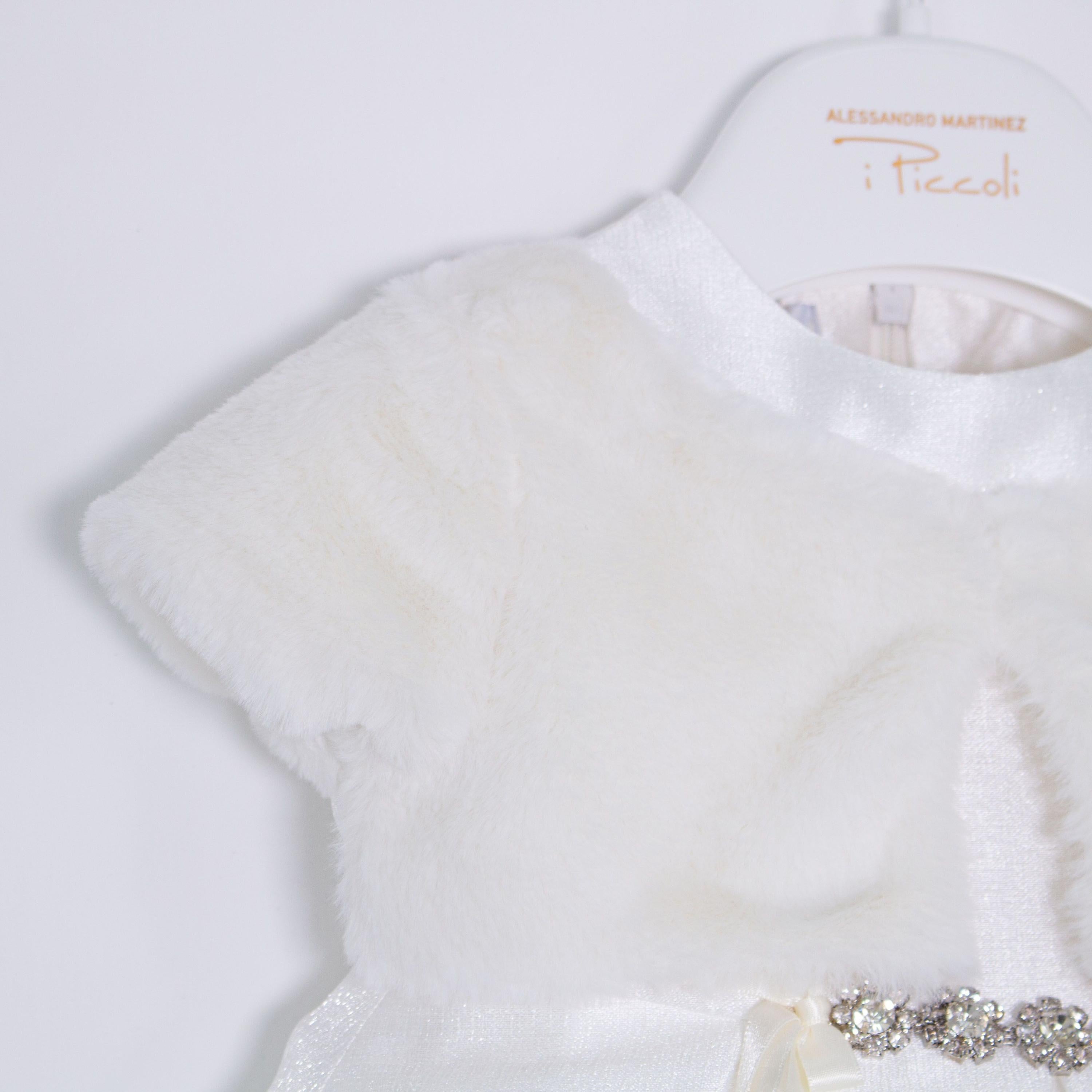 Abito Battesimale Cerimonia Elegante Raso Con Corpetto In Pelliccia Neonata ALESSANDRO MARTINEZ AM1116 - ALESSANDRO MARTINEZ - LuxuryKids