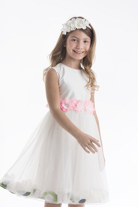 Abito Bianco Bambina Cerimonia Comunione Elegante Fiori Rosa Lesy 660 - LESY - LuxuryKids