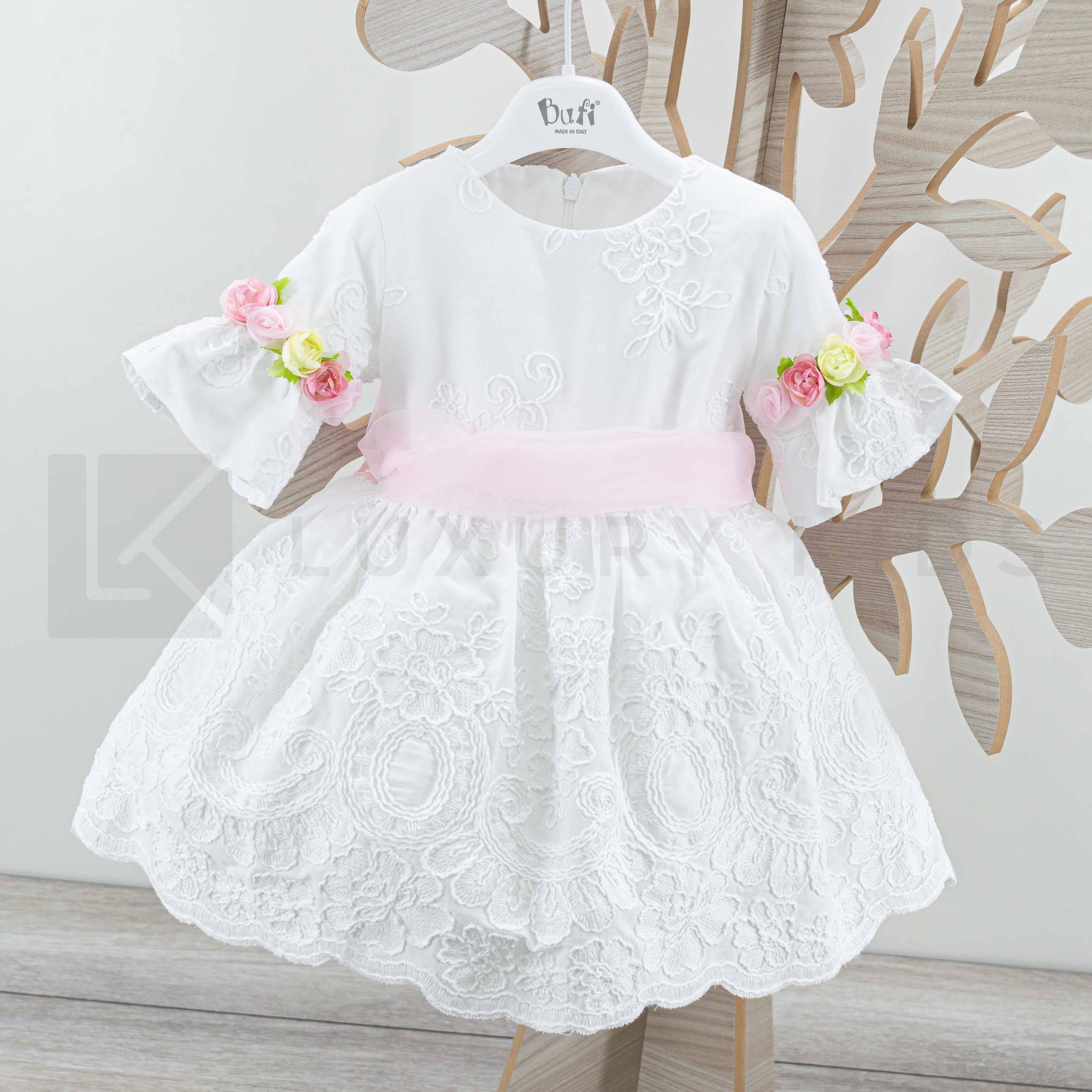 Abito Con Manichetta Coerta In Cotone Ricamato Bianco Neonata Bufi B487A - BUFI - LuxuryKids